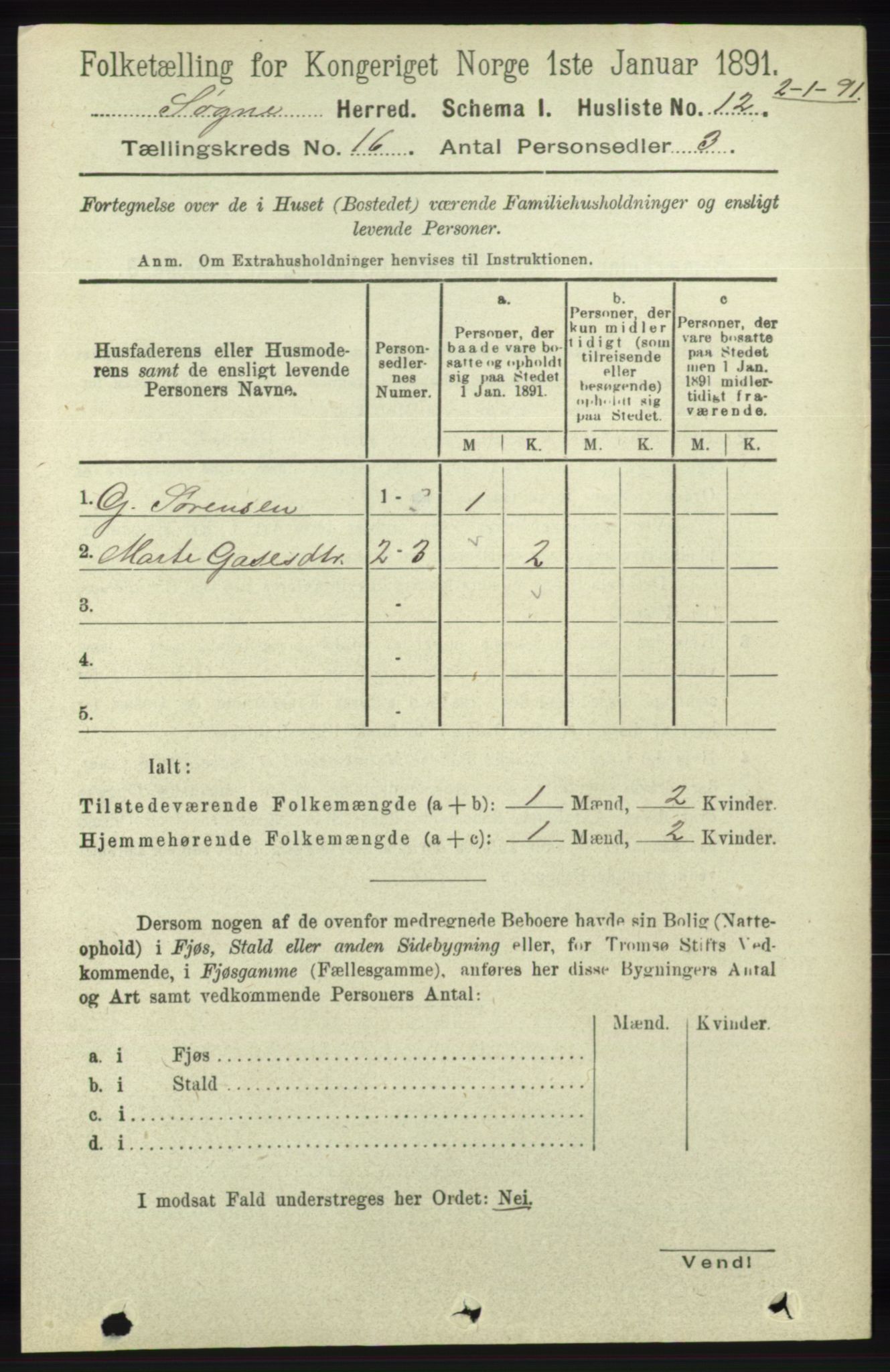 RA, 1891 census for 1018 Søgne, 1891, p. 4391