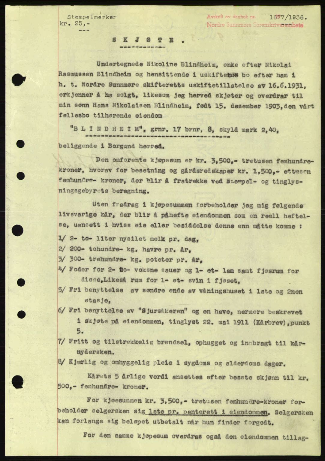 Nordre Sunnmøre sorenskriveri, AV/SAT-A-0006/1/2/2C/2Ca: Mortgage book no. A2, 1936-1937, Diary no: : 1677/1936