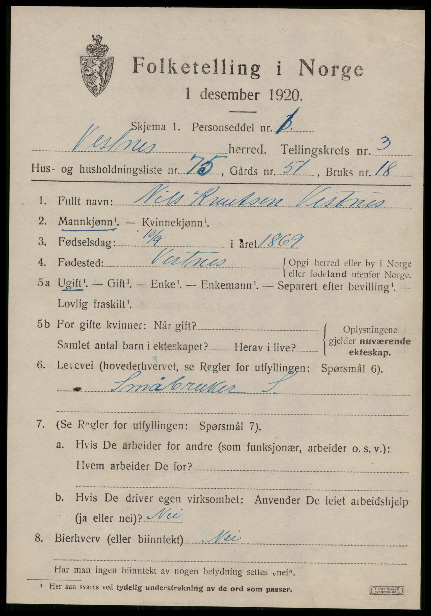 SAT, 1920 census for Vestnes, 1920, p. 3397