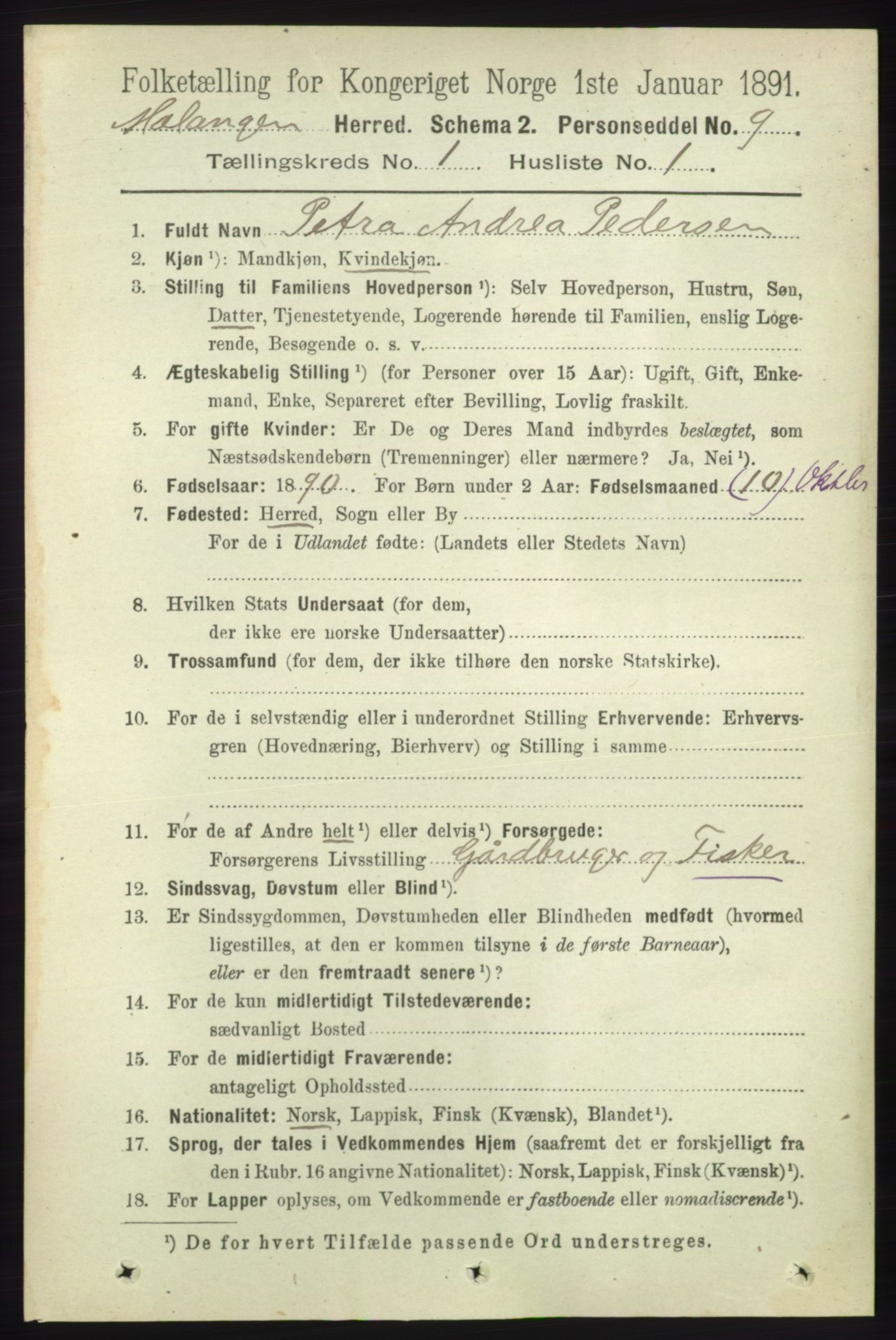 RA, 1891 census for 1932 Malangen, 1891, p. 71