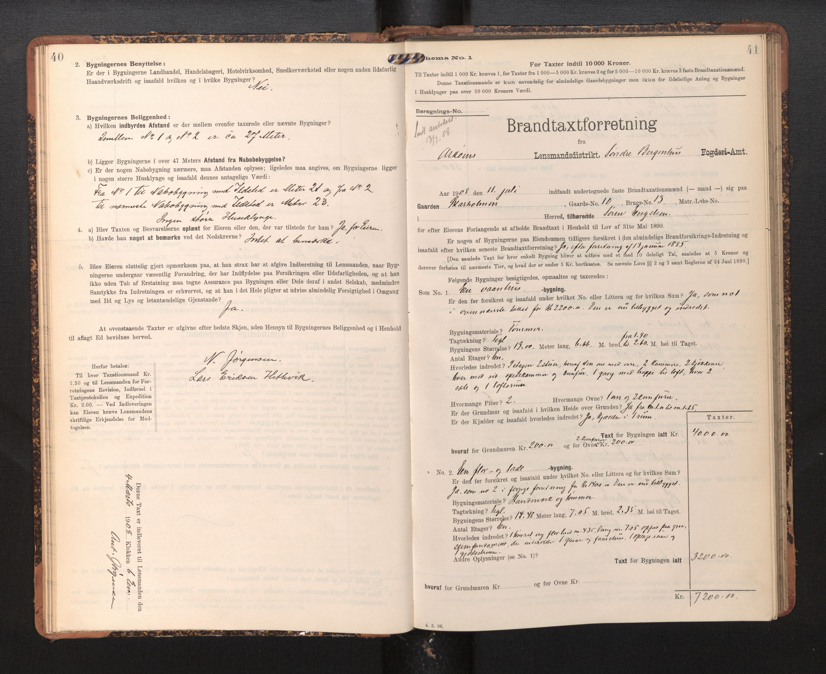 Lensmannen i Askøy, SAB/A-31001/0012/L0005: Branntakstprotokoll, skjematakst, 1907-1915, p. 40-41