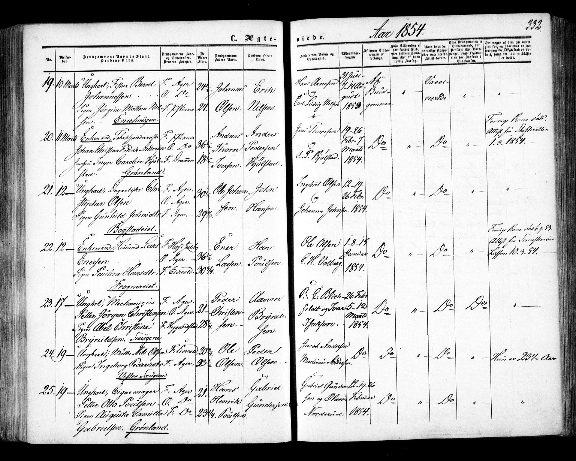Aker prestekontor kirkebøker, SAO/A-10861/F/L0020: Parish register (official) no. 20, 1853-1857, p. 332
