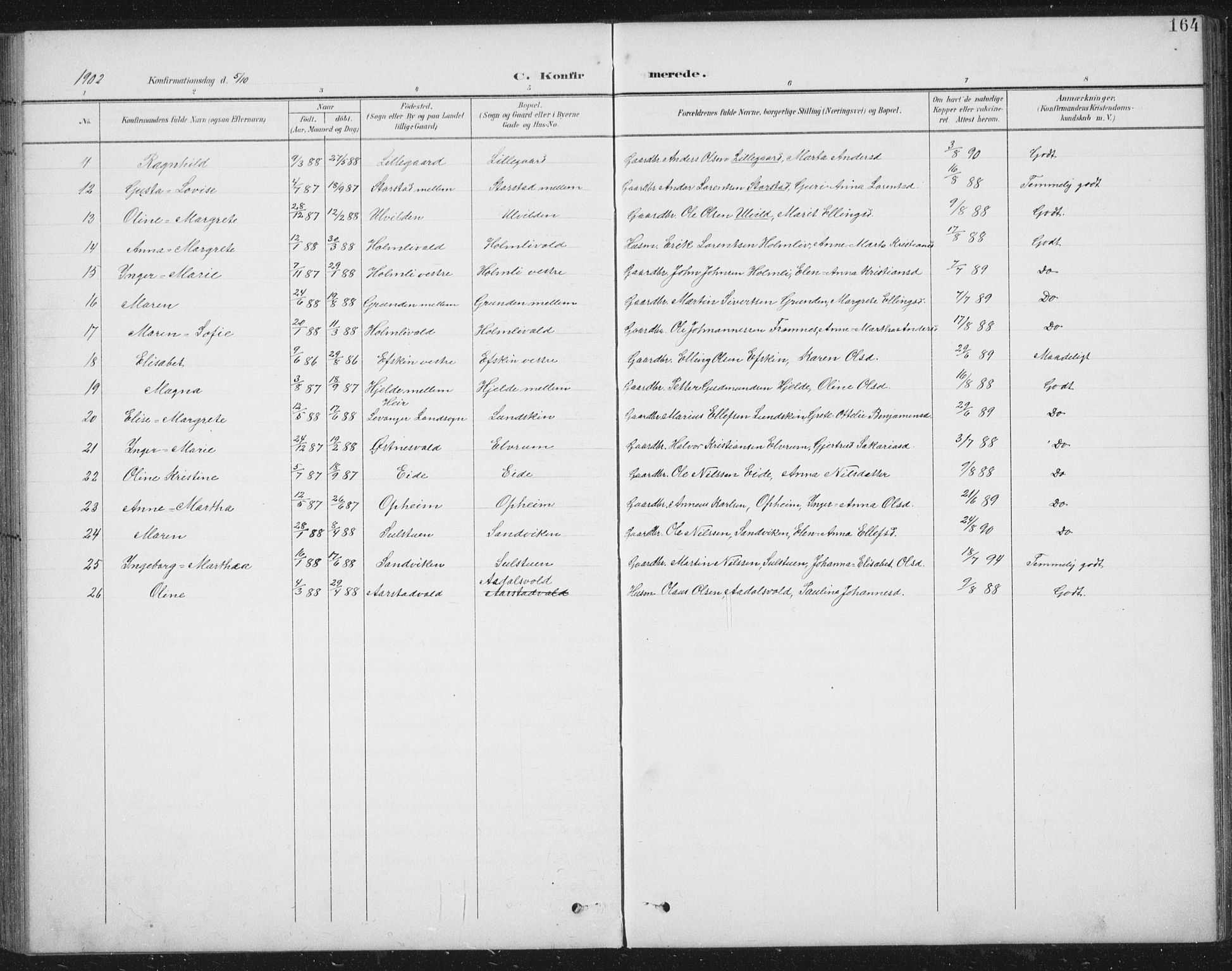 Ministerialprotokoller, klokkerbøker og fødselsregistre - Nord-Trøndelag, AV/SAT-A-1458/724/L0269: Parish register (copy) no. 724C05, 1899-1920, p. 164