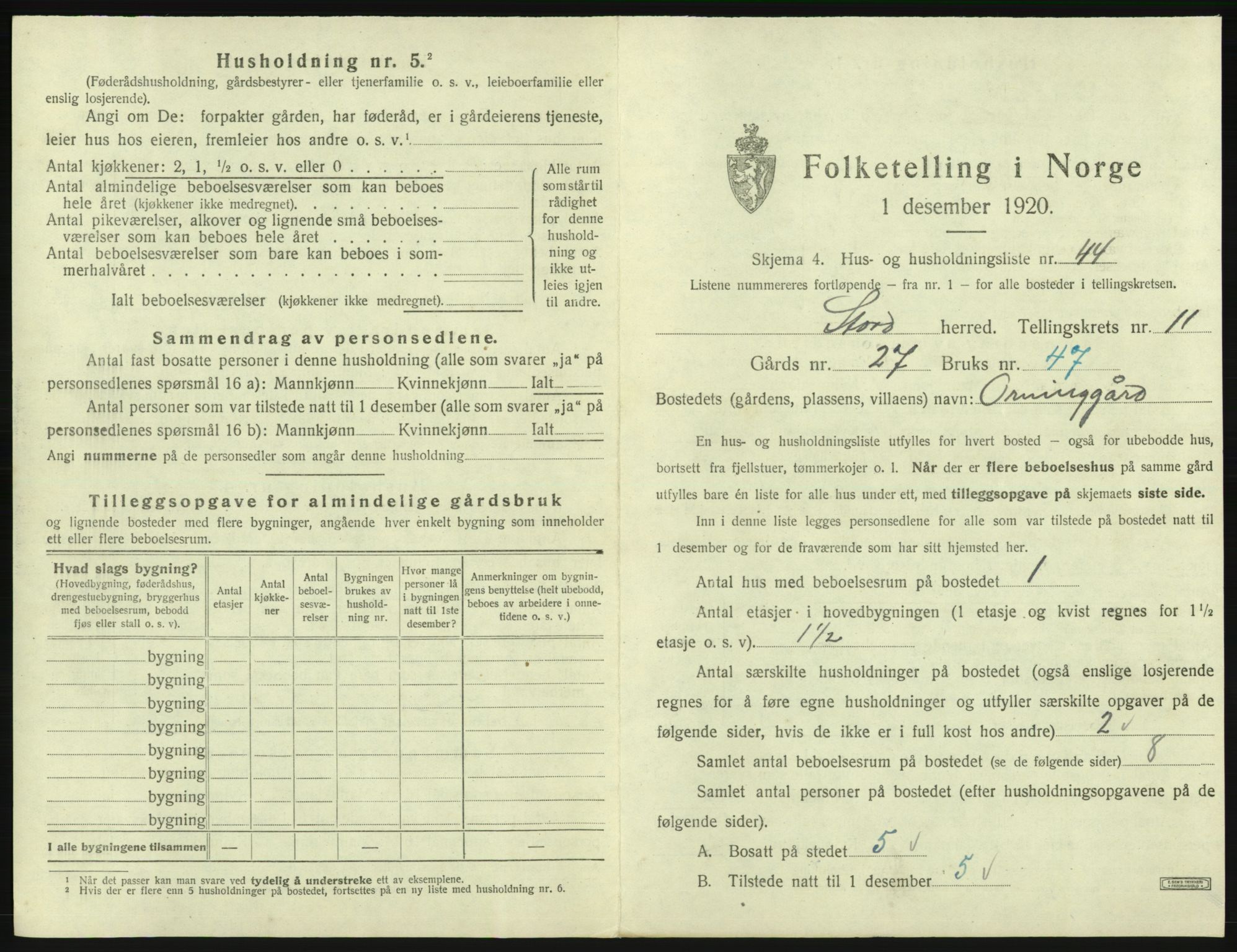 SAB, 1920 census for Stord, 1920, p. 847