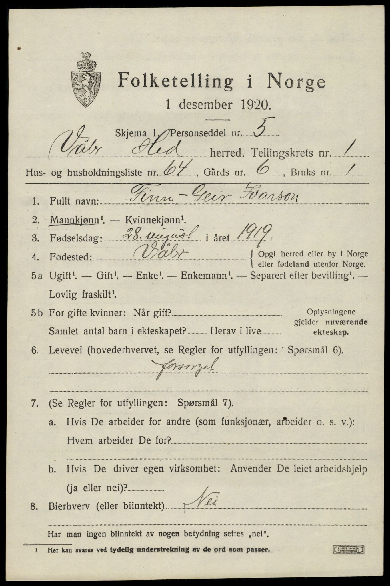 SAH, 1920 census for Våler (Hedmark), 1920, p. 2441