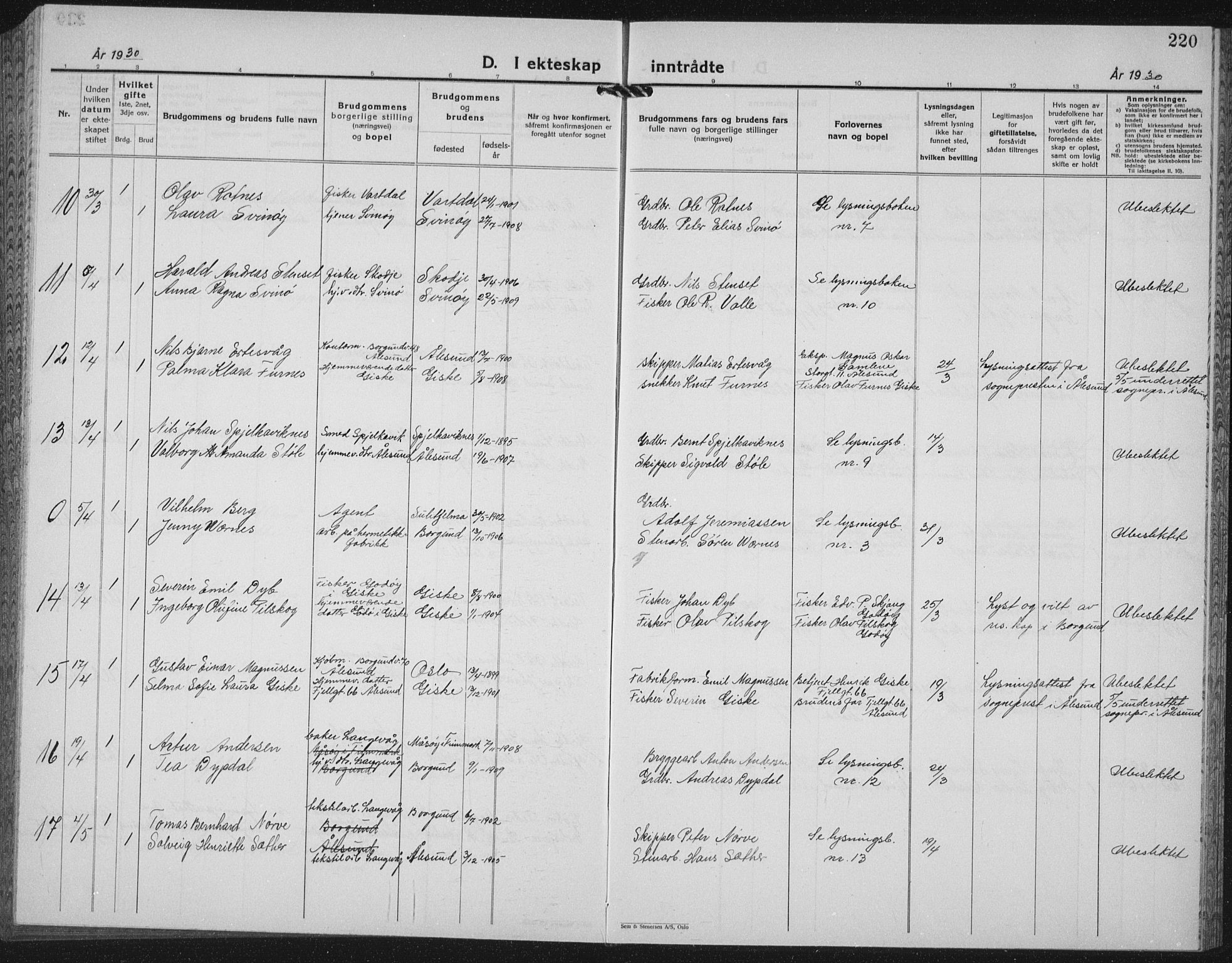 Ministerialprotokoller, klokkerbøker og fødselsregistre - Møre og Romsdal, AV/SAT-A-1454/528/L0436: Parish register (copy) no. 528C17, 1927-1939, p. 220