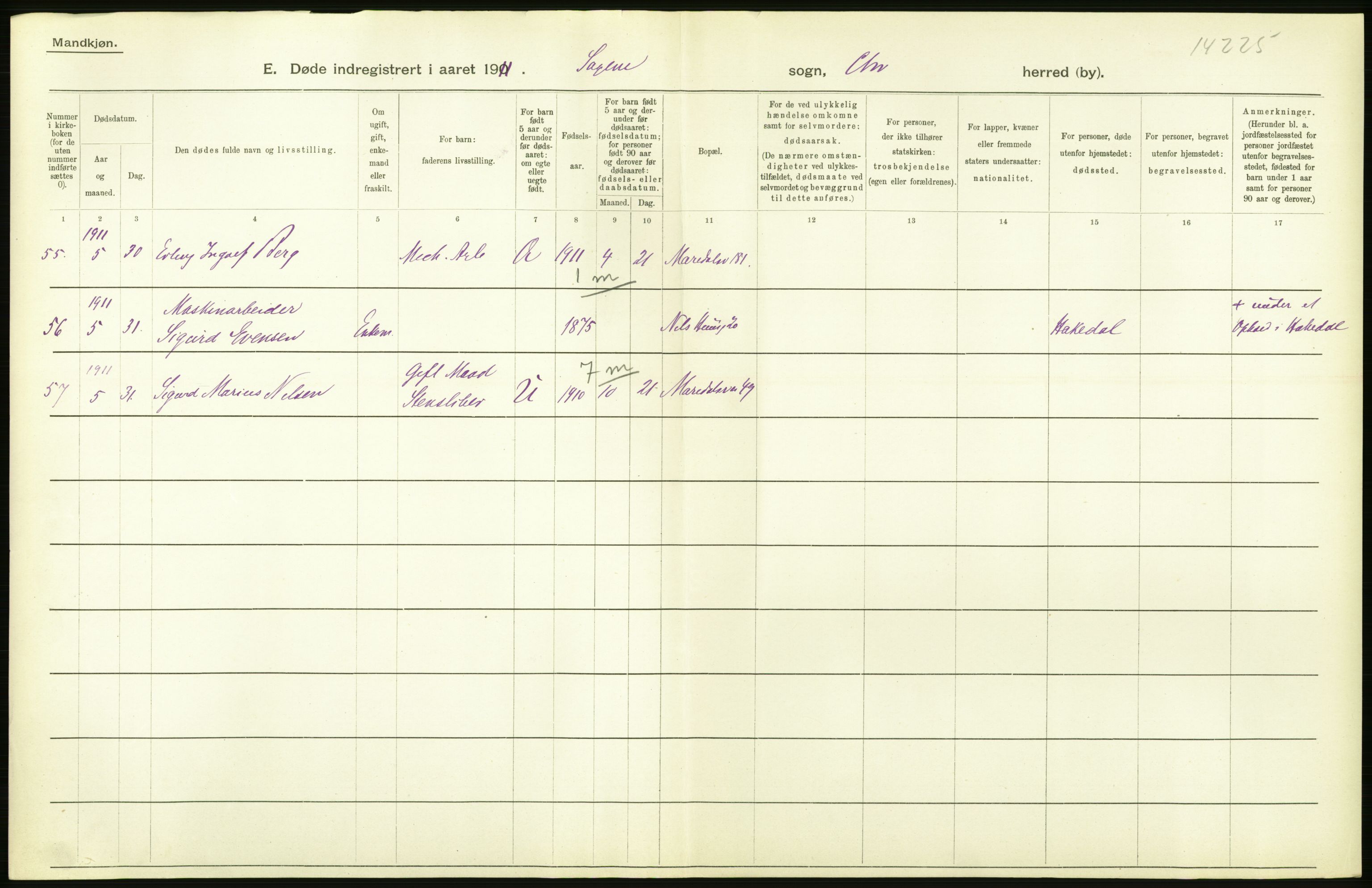 Statistisk sentralbyrå, Sosiodemografiske emner, Befolkning, RA/S-2228/D/Df/Dfb/Dfba/L0009: Kristiania: Døde menn, 1911, p. 106