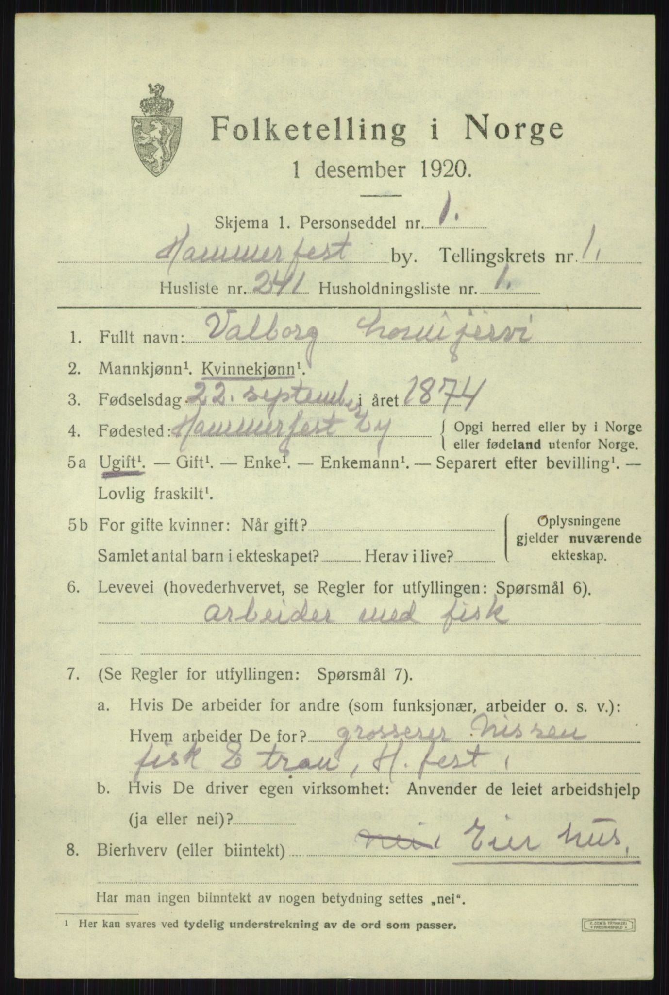 SATØ, 1920 census for Hammerfest, 1920, p. 5798