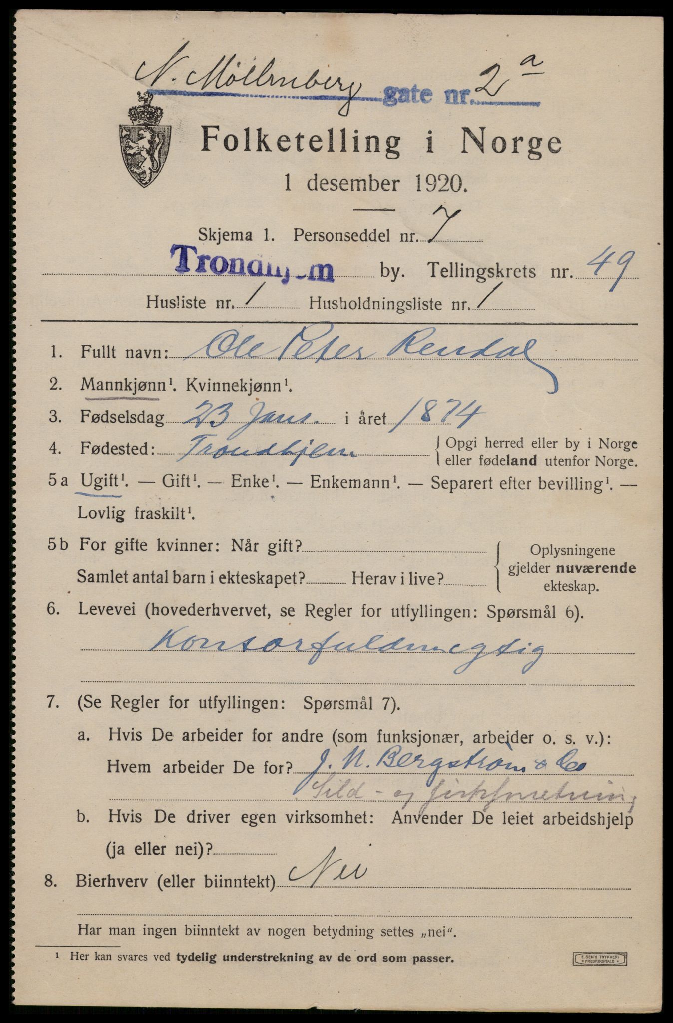 SAT, 1920 census for Trondheim, 1920, p. 102400