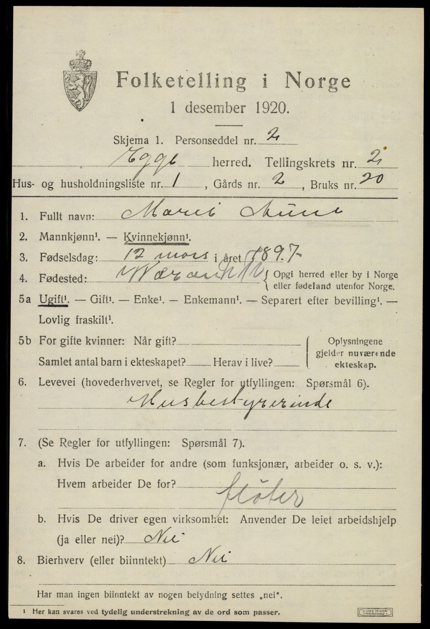 SAT, 1920 census for Egge, 1920, p. 1036