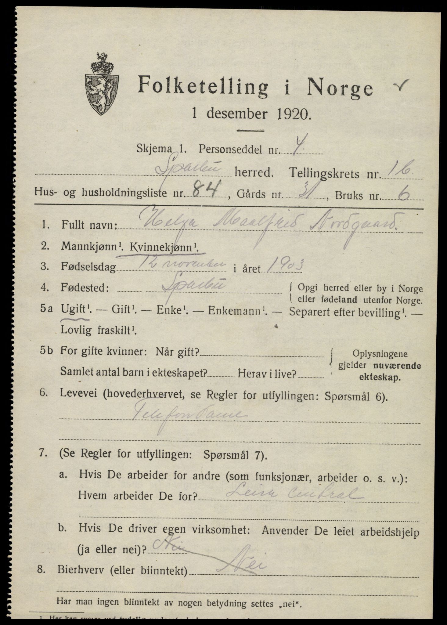SAT, 1920 census for Sparbu, 1920, p. 3177