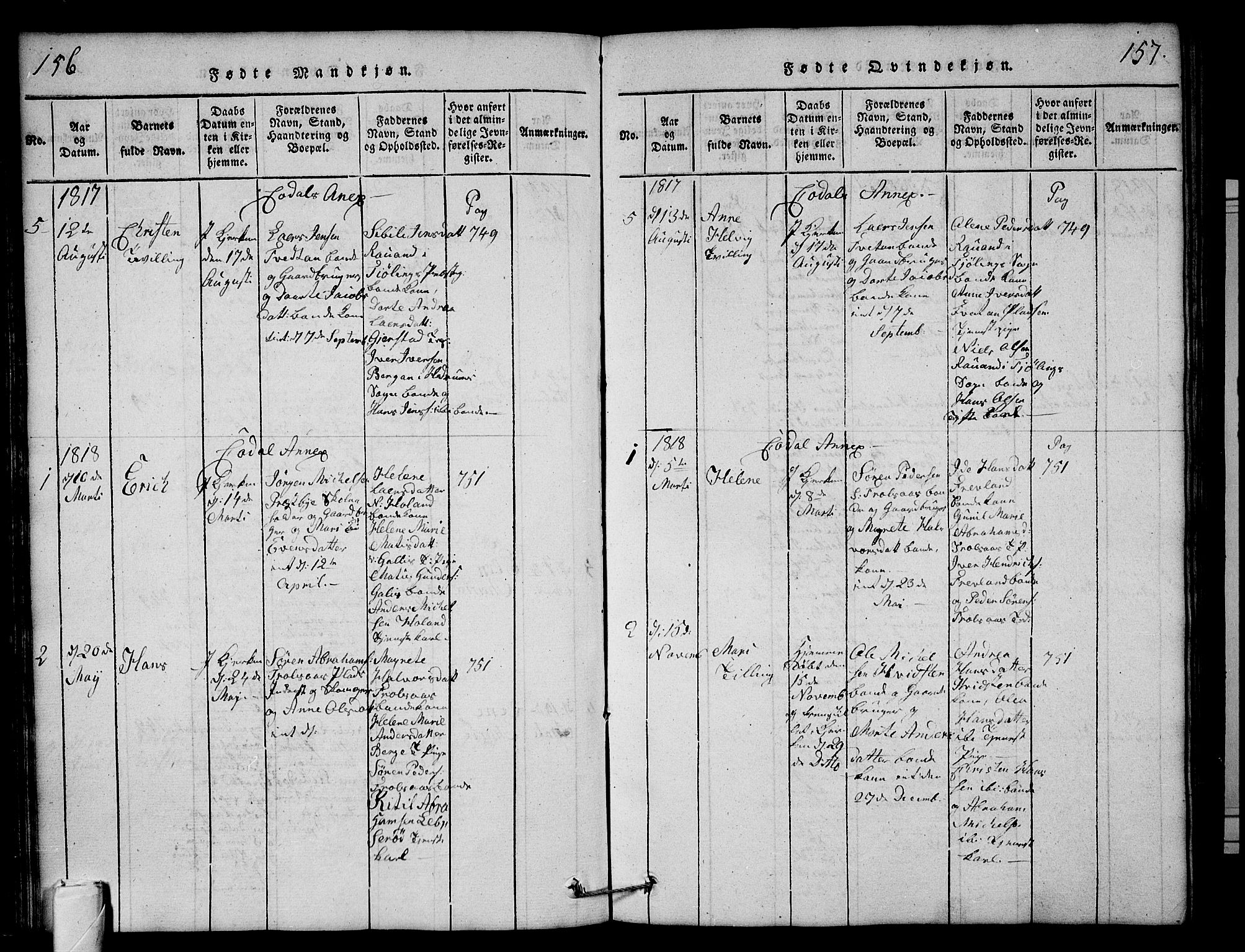 Andebu kirkebøker, AV/SAKO-A-336/G/Ga/L0001: Parish register (copy) no. I 1 /3, 1815-1823, p. 156-157