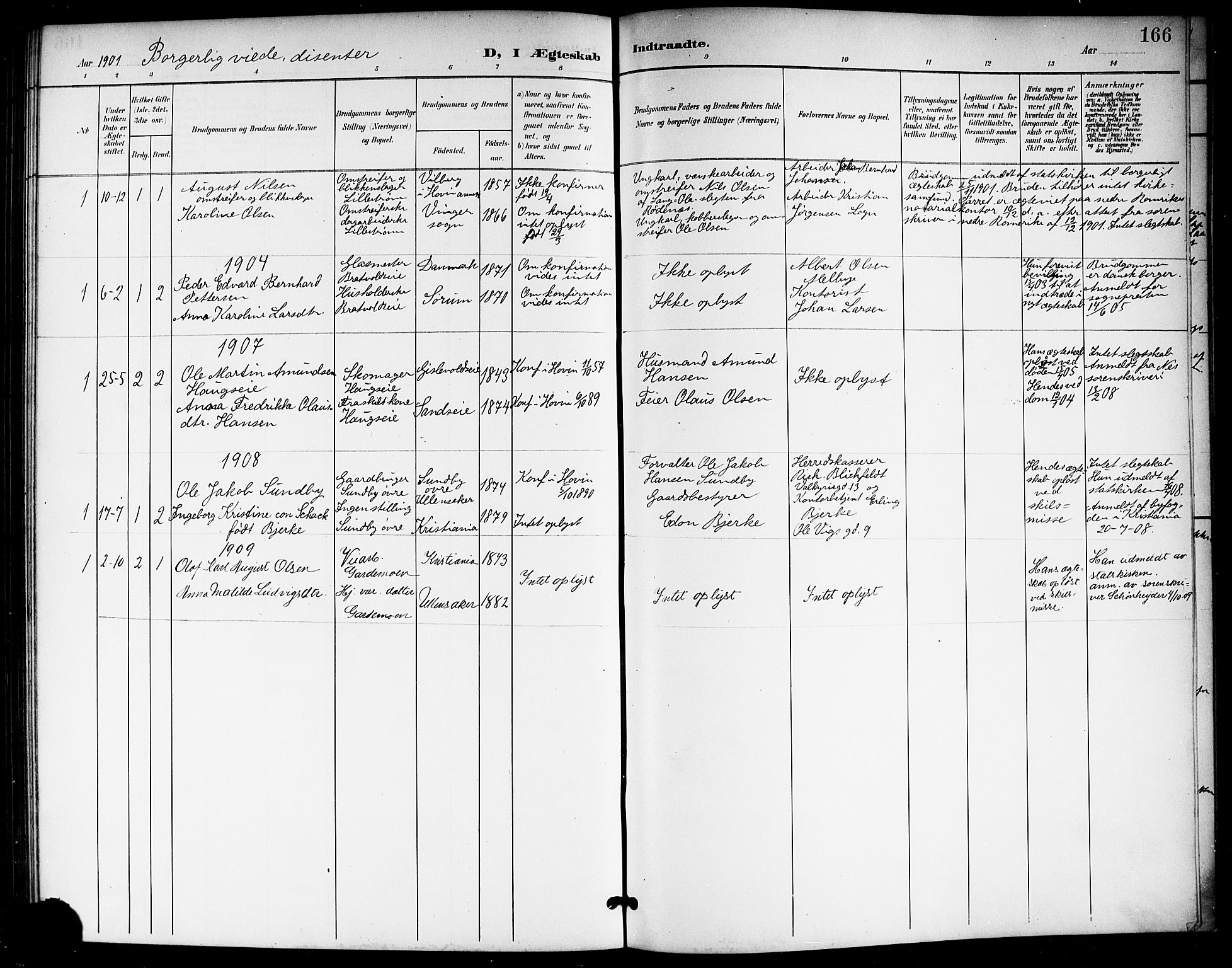 Ullensaker prestekontor Kirkebøker, SAO/A-10236a/G/Gb/L0001: Parish register (copy) no. II 1, 1901-1917, p. 166
