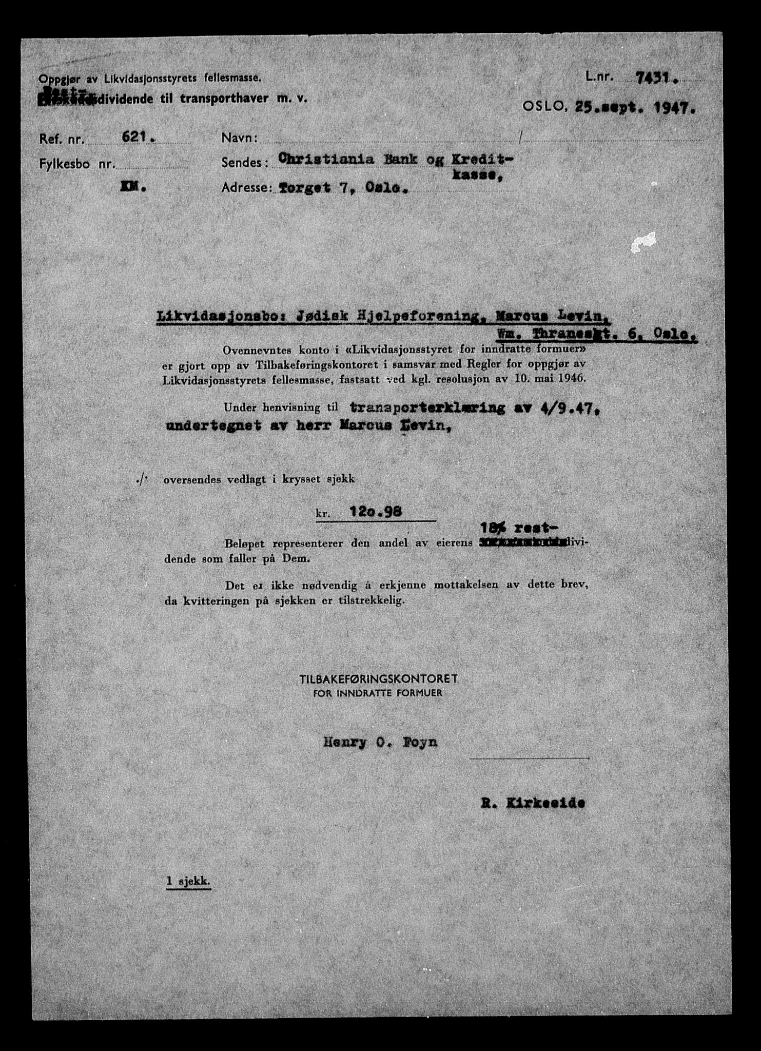 Justisdepartementet, Tilbakeføringskontoret for inndratte formuer, AV/RA-S-1564/H/Hc/Hcc/L0930: --, 1945-1947, p. 83