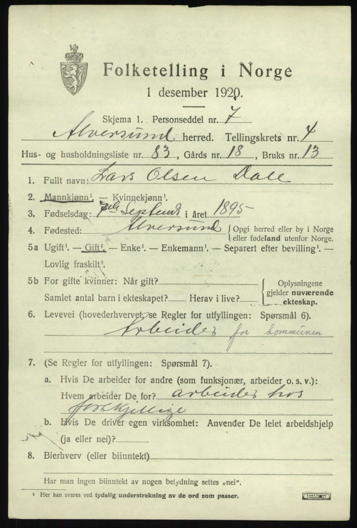 SAB, 1920 census for Alversund, 1920, p. 3850