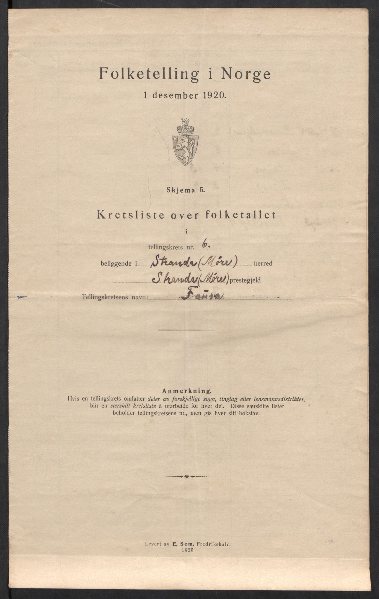 SAT, 1920 census for Stranda, 1920, p. 20