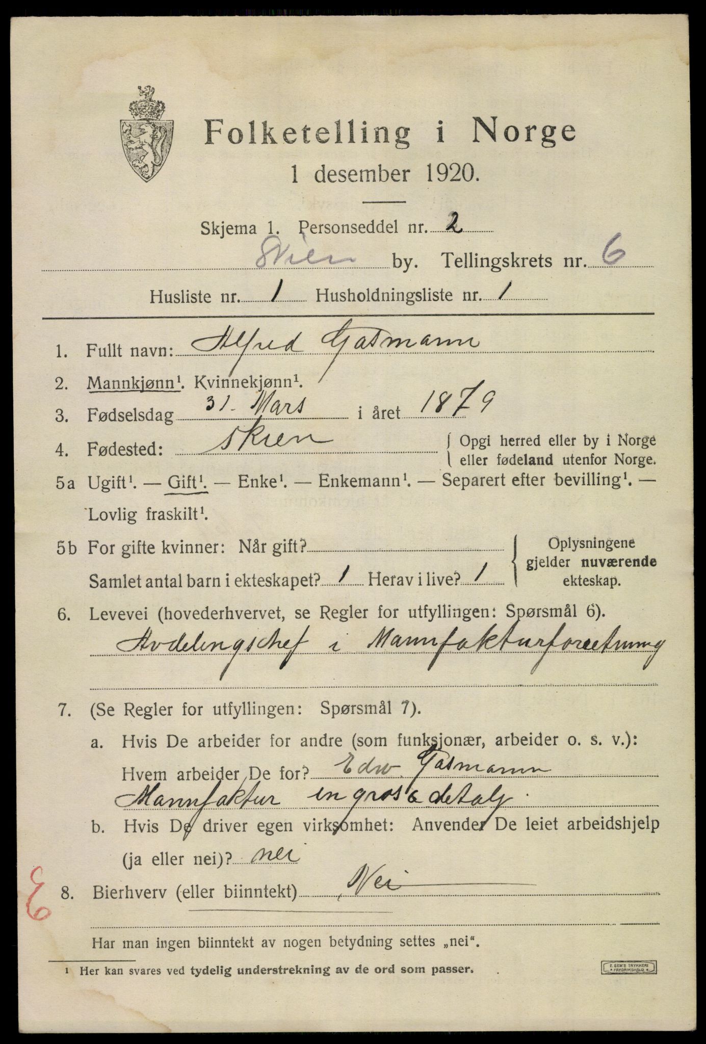 SAKO, 1920 census for Skien, 1920, p. 21828