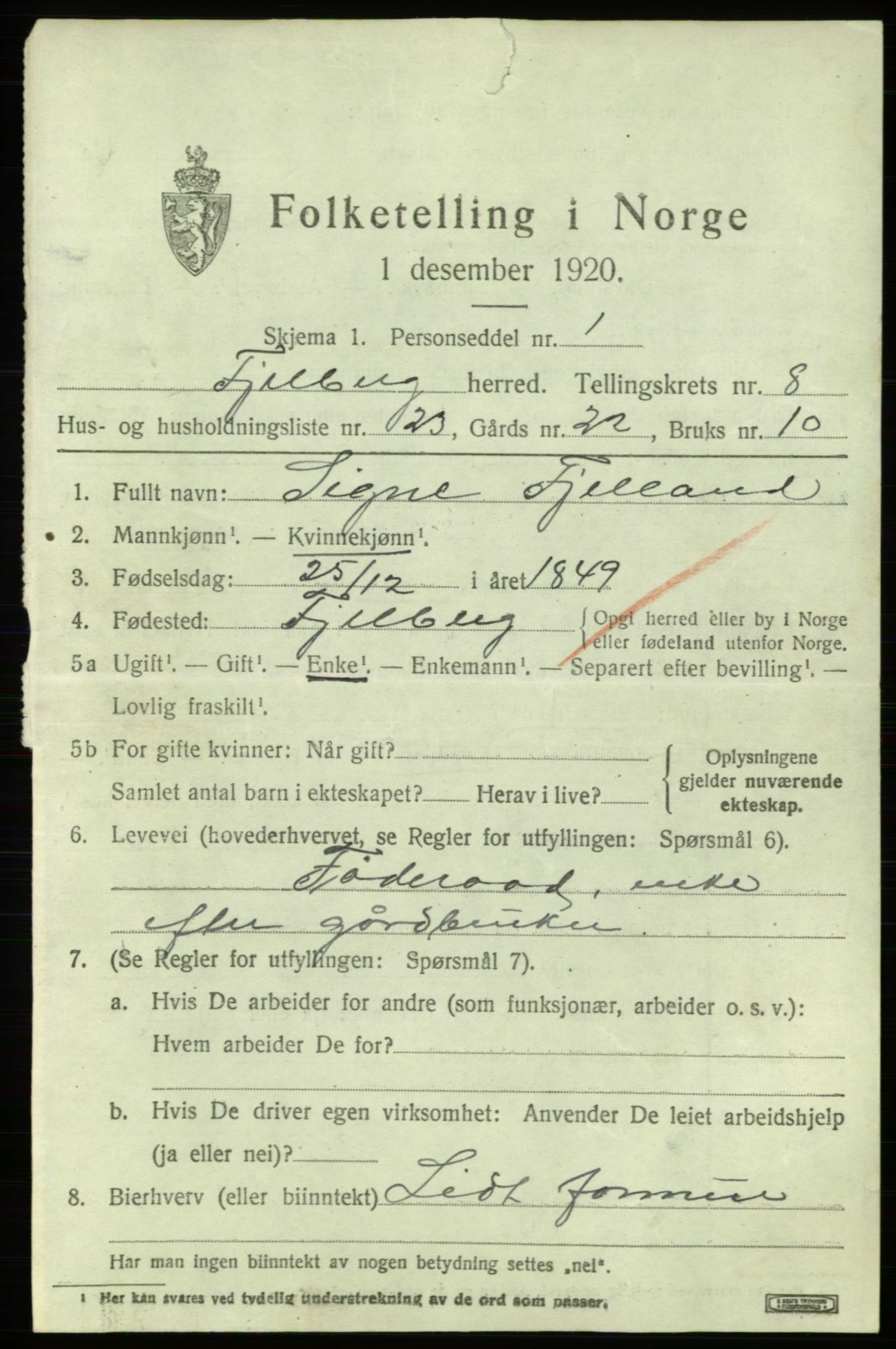 SAB, 1920 census for Fjelberg, 1920, p. 3505