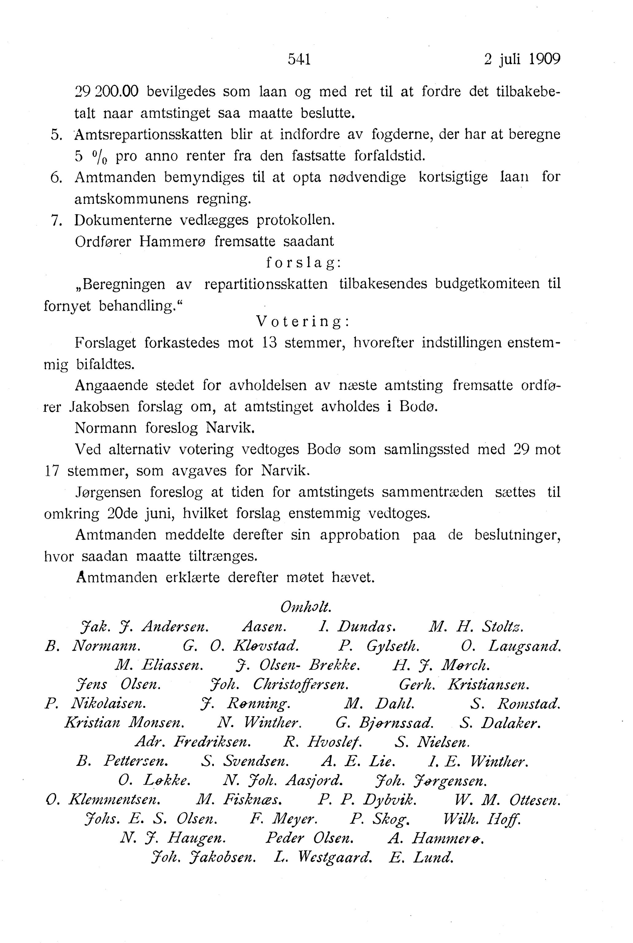 Nordland Fylkeskommune. Fylkestinget, AIN/NFK-17/176/A/Ac/L0032: Fylkestingsforhandlinger 1909, 1909