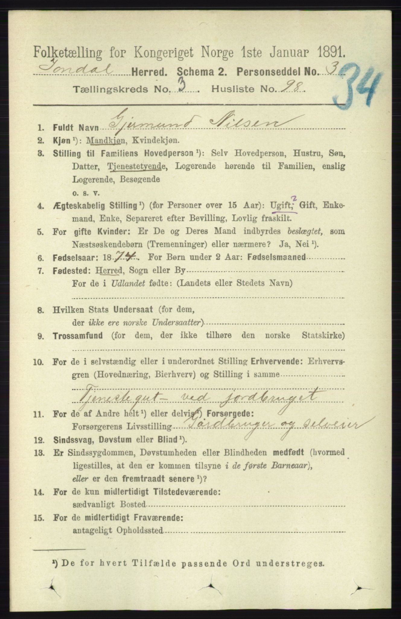 RA, 1891 census for 1227 Jondal, 1891, p. 1899