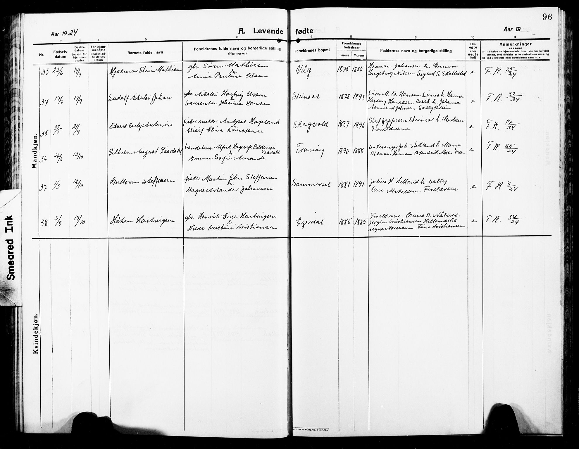 Ministerialprotokoller, klokkerbøker og fødselsregistre - Nordland, AV/SAT-A-1459/859/L0861: Parish register (copy) no. 859C07, 1910-1925, p. 96