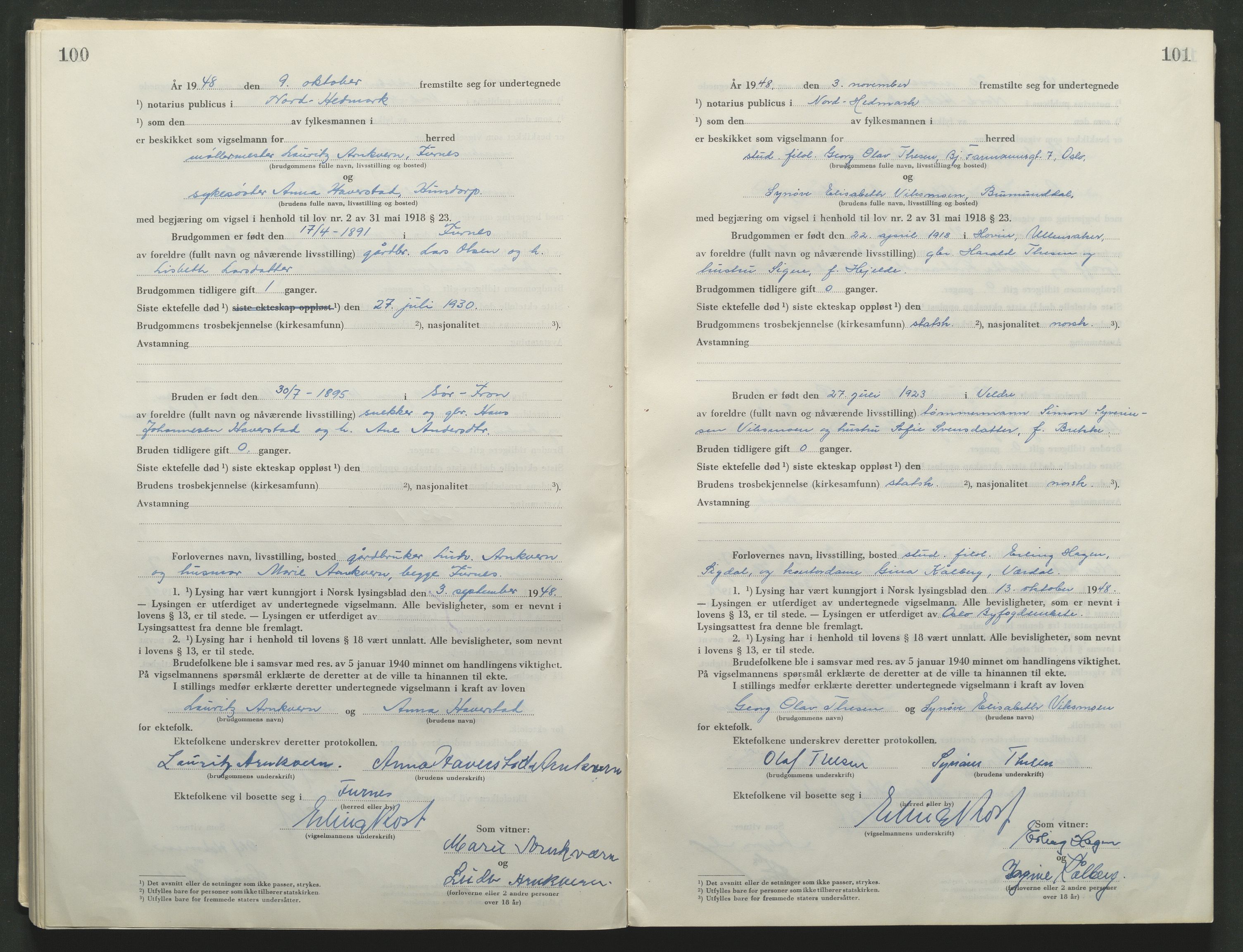 Nord-Hedmark sorenskriveri, SAH/TING-012/L/Lc/L0001/0005: Vigselsprotokoller / Vigselsprotokoll, 1945-1953, p. 100-101