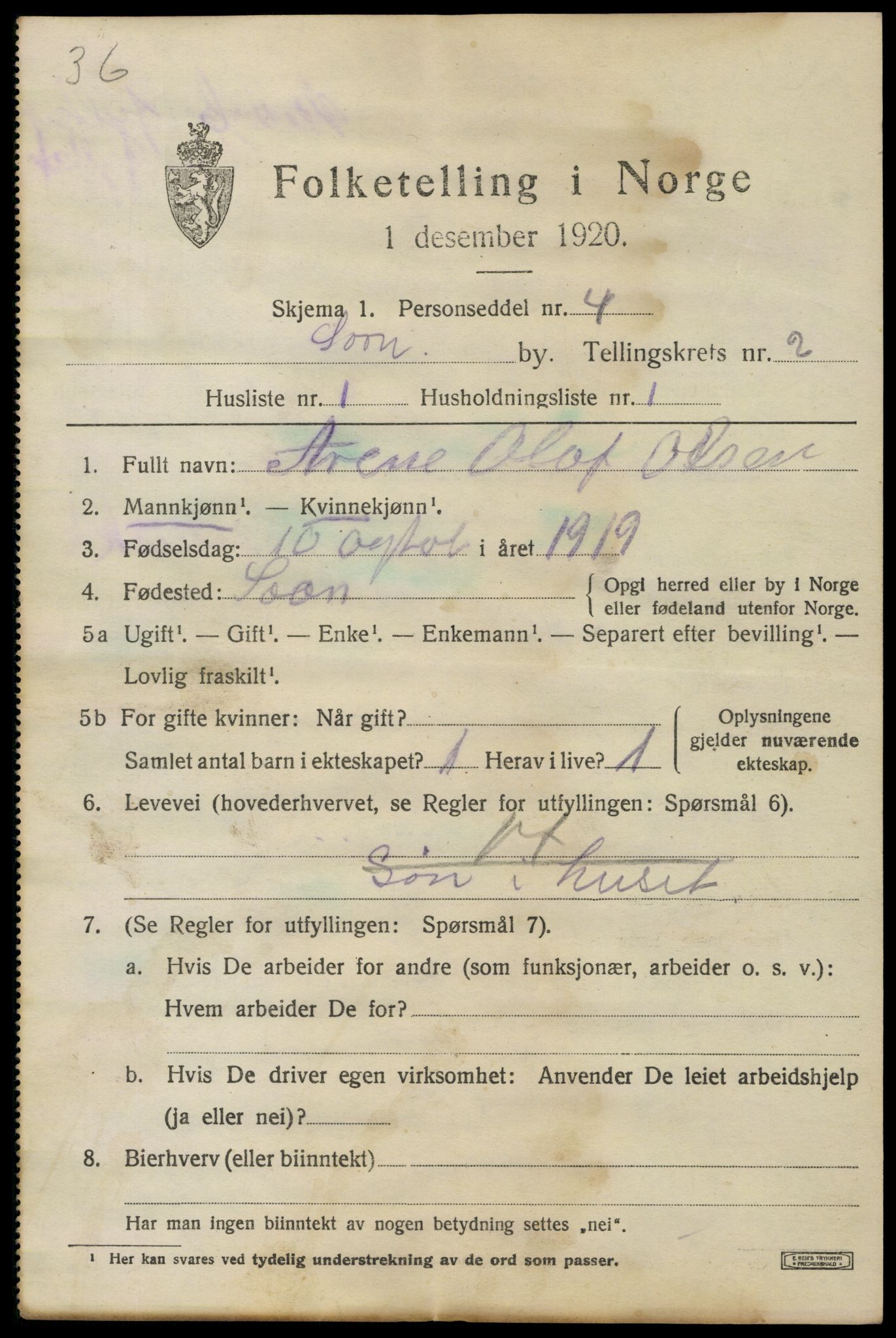 SAO, 1920 census for Son, 1920, p. 1130