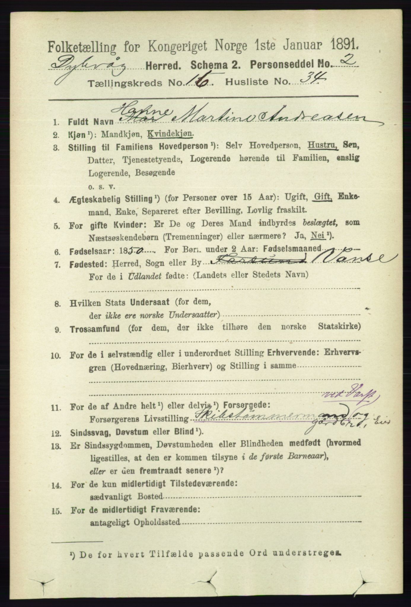 RA, 1891 census for 0915 Dypvåg, 1891, p. 6609