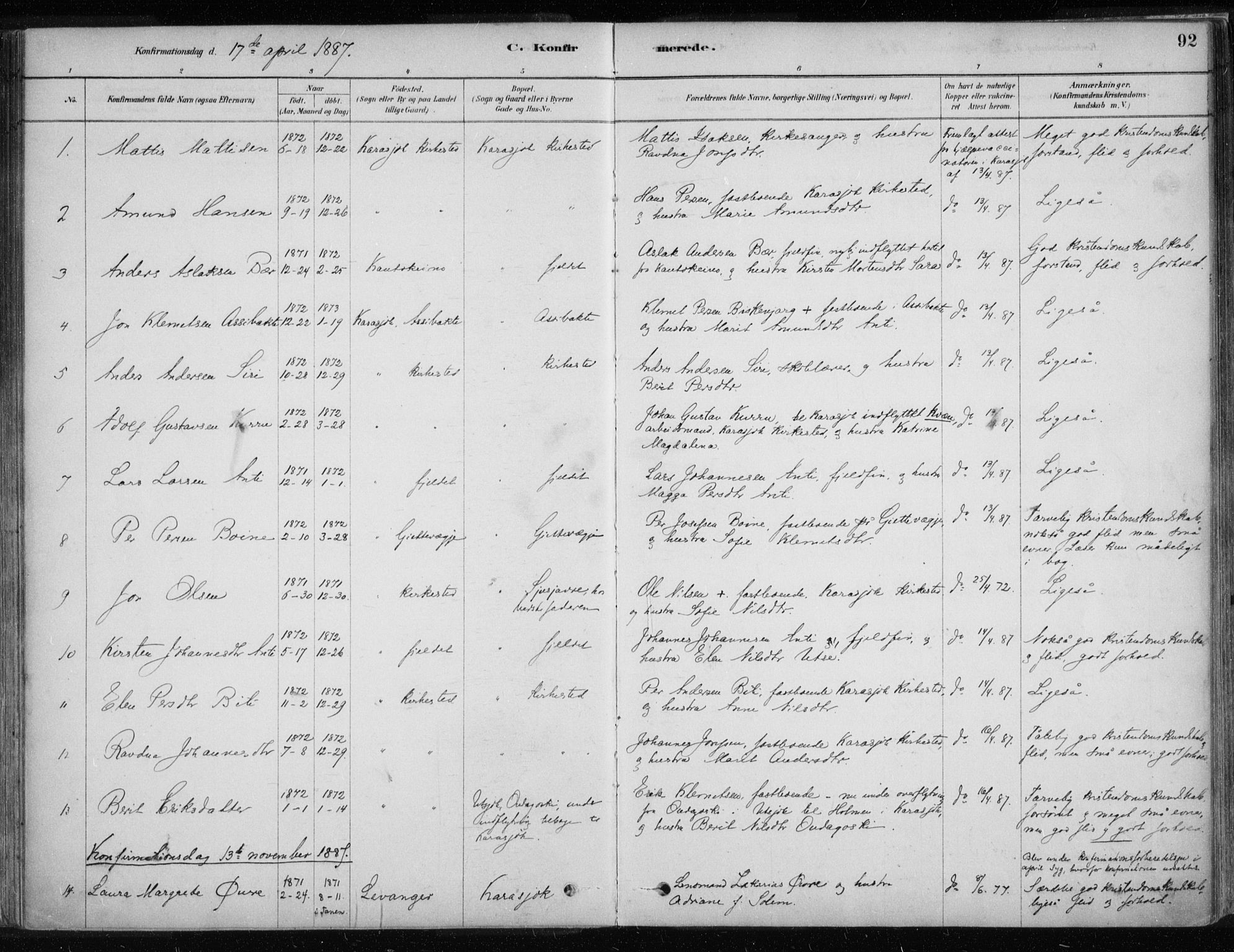 Karasjok sokneprestkontor, SATØ/S-1352/H/Ha/L0002kirke: Parish register (official) no. 2, 1885-1906, p. 92