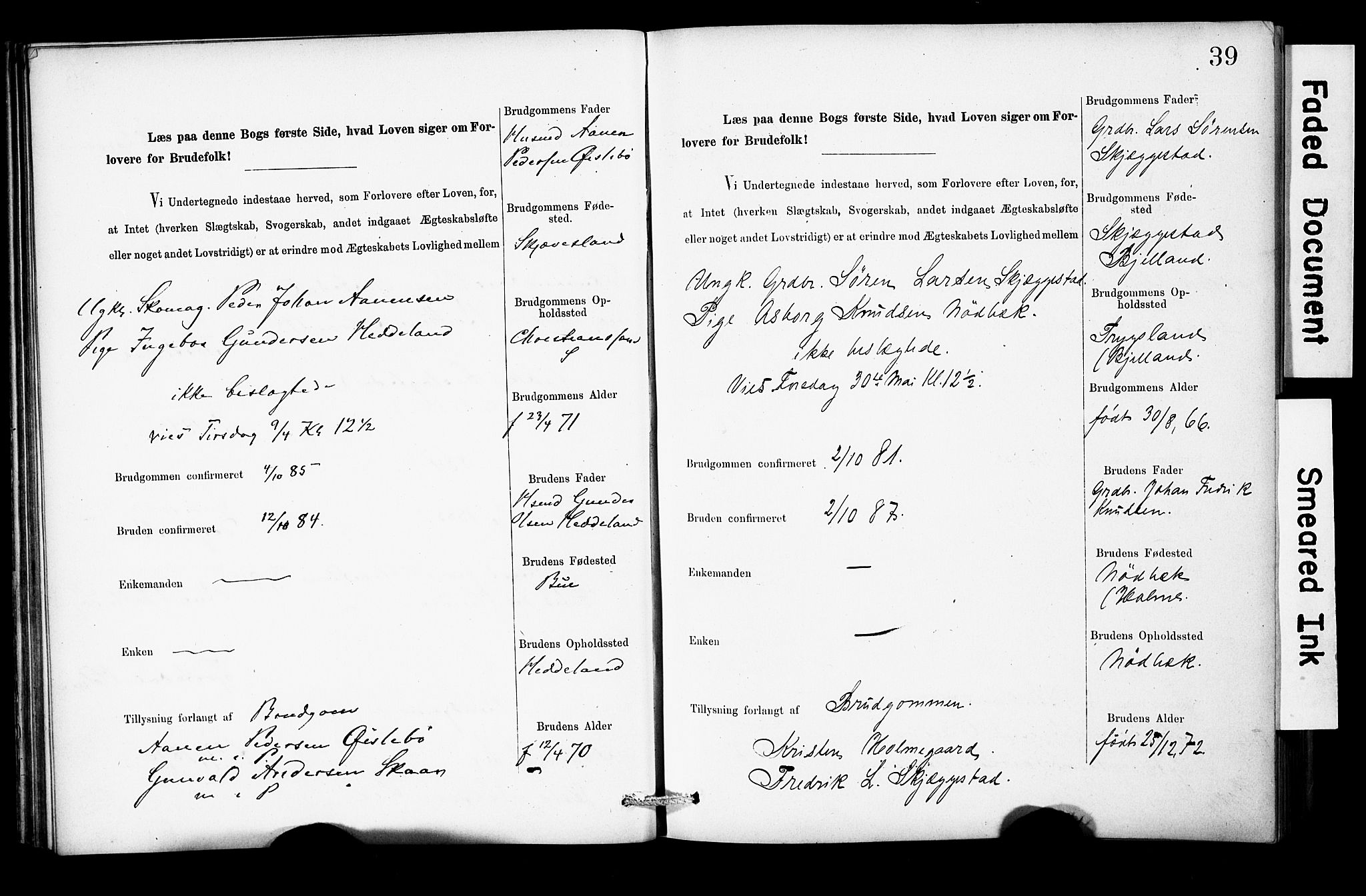 Holum sokneprestkontor, SAK/1111-0022/F/Fe/L0004: Banns register no. II 5 4, 1890-1914, p. 39
