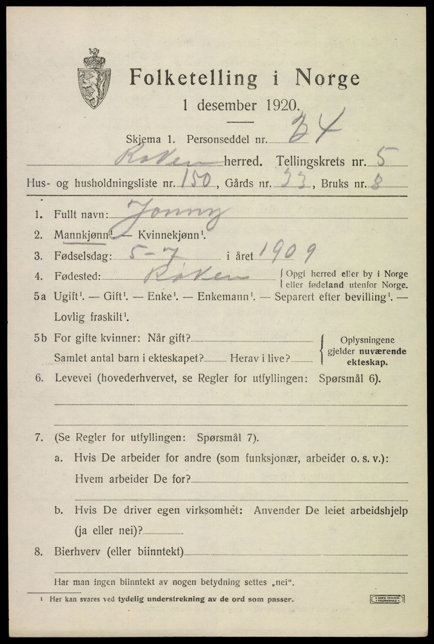 SAKO, 1920 census for Røyken, 1920, p. 9712