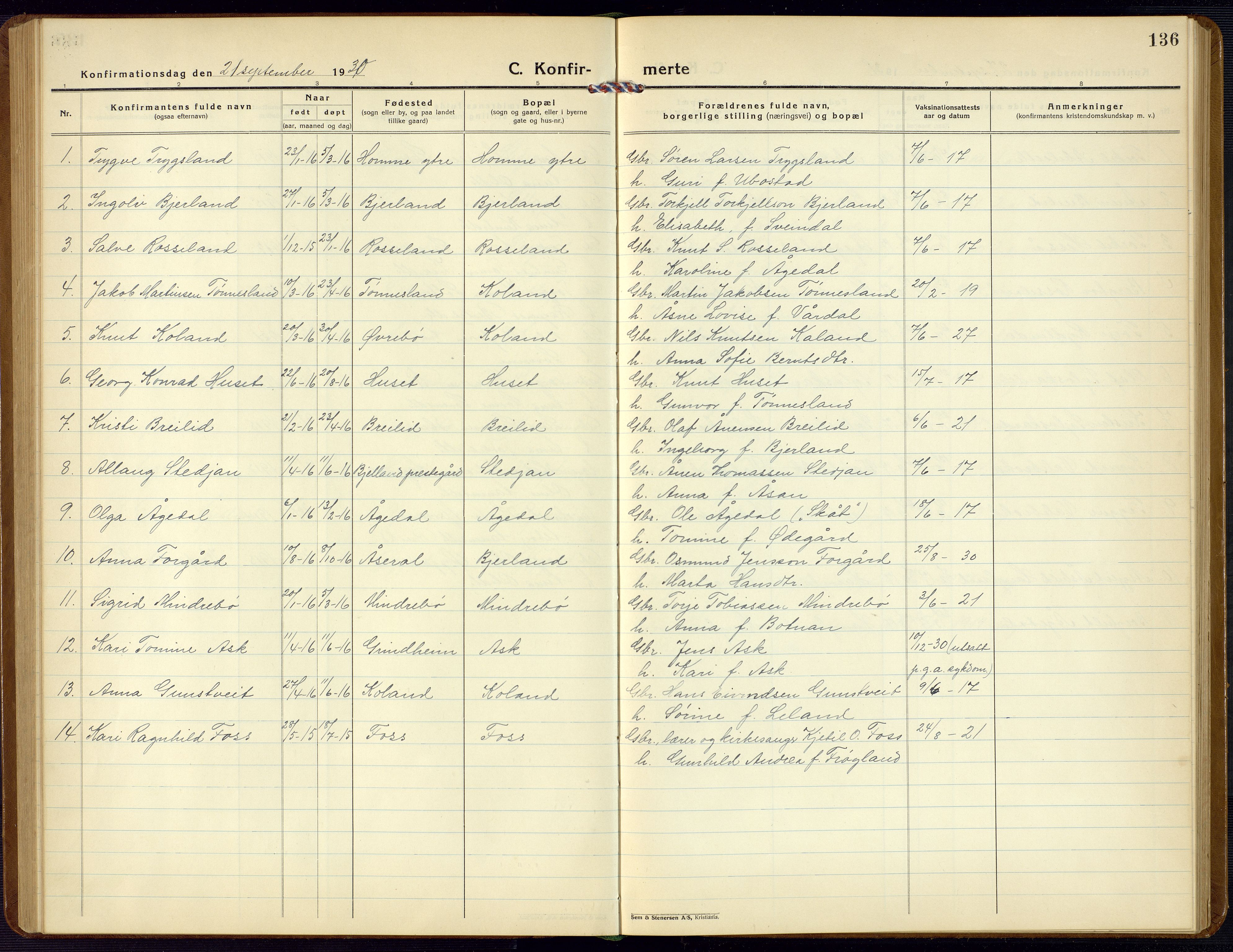 Bjelland sokneprestkontor, SAK/1111-0005/F/Fb/Fba/L0006: Parish register (copy) no. B 6, 1923-1956, p. 136