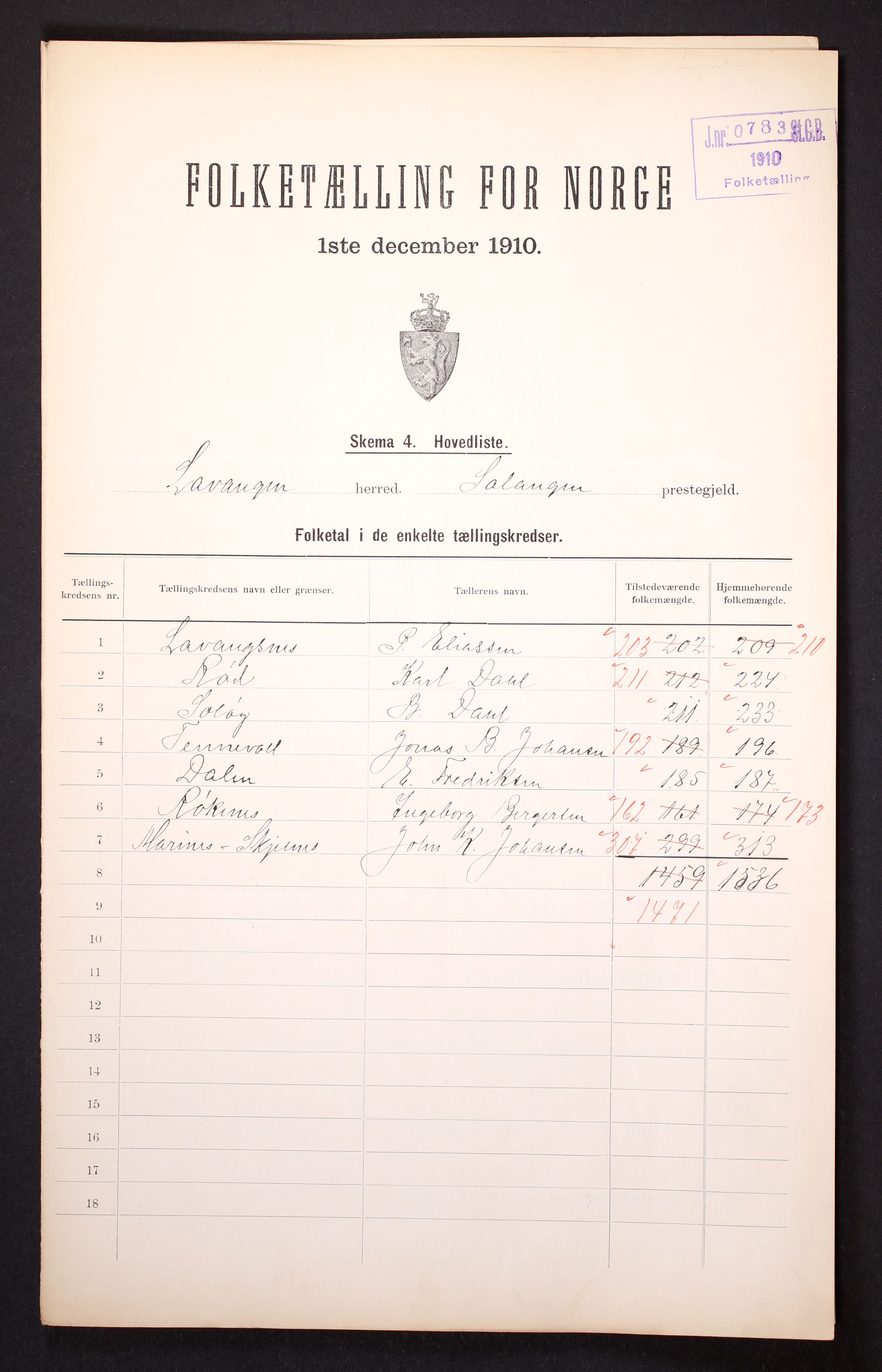 RA, 1910 census for Lavangen, 1910, p. 2
