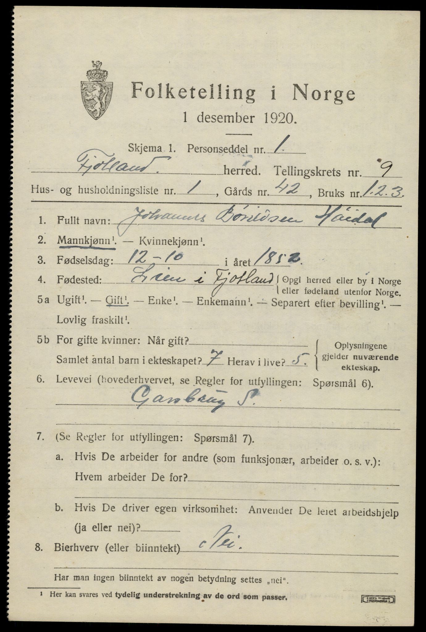 SAK, 1920 census for Fjotland, 1920, p. 2220