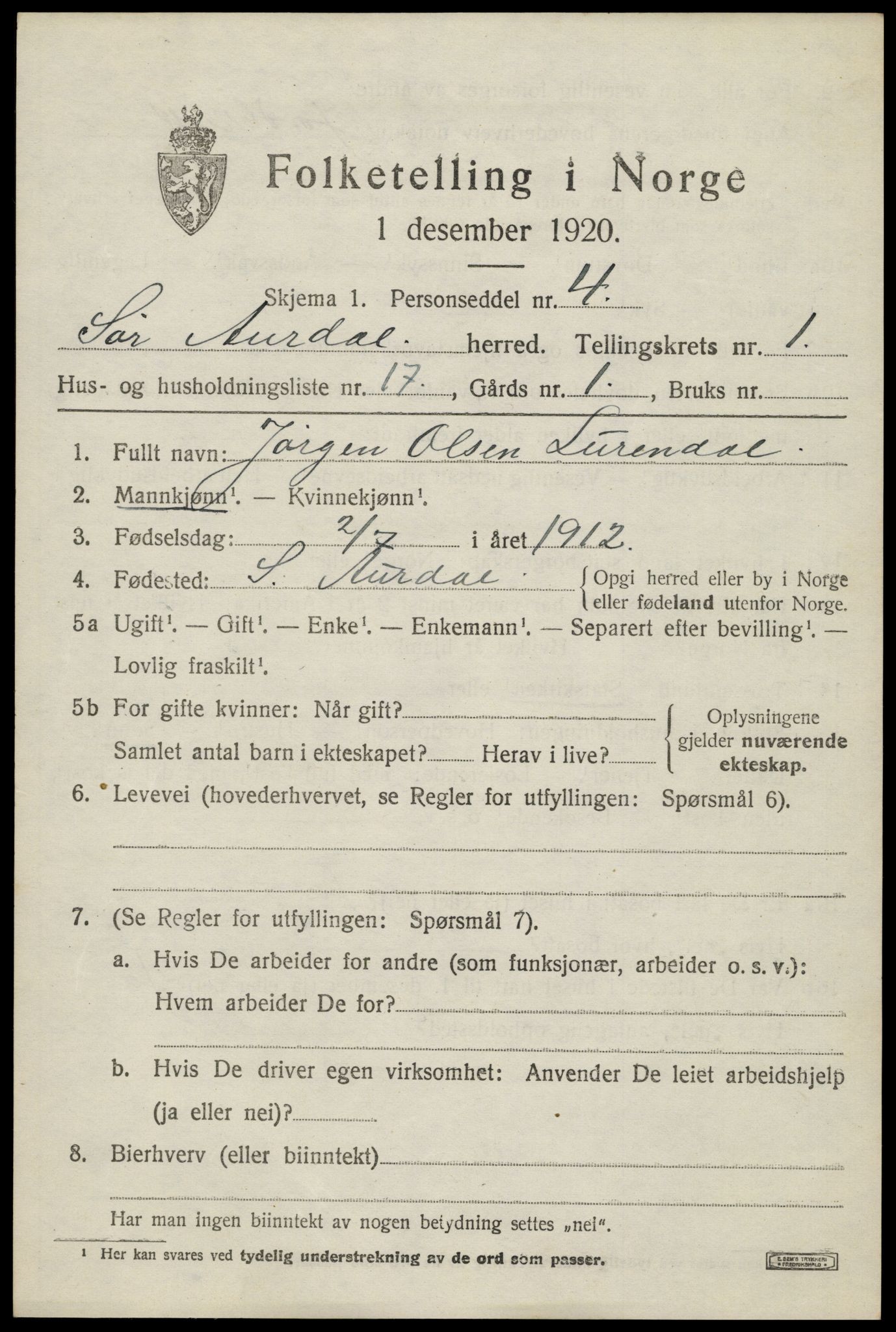 SAH, 1920 census for Sør-Aurdal, 1920, p. 1697