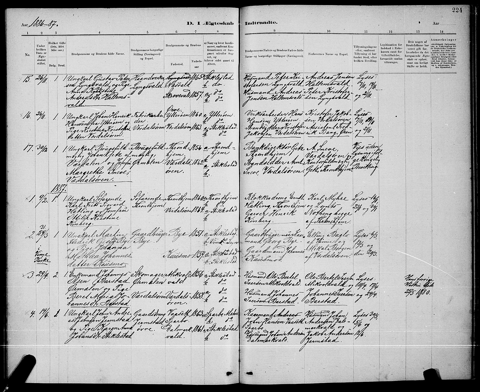 Ministerialprotokoller, klokkerbøker og fødselsregistre - Nord-Trøndelag, SAT/A-1458/723/L0256: Parish register (copy) no. 723C04, 1879-1890, p. 224