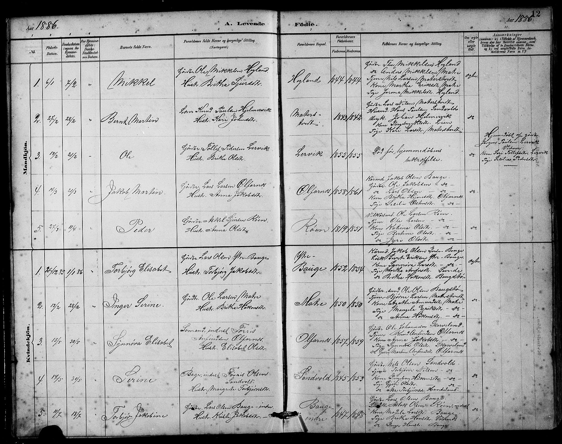Husnes Sokneprestembete, SAB/A-75901/H/Hab: Parish register (copy) no. B 2, 1884-1914, p. 12