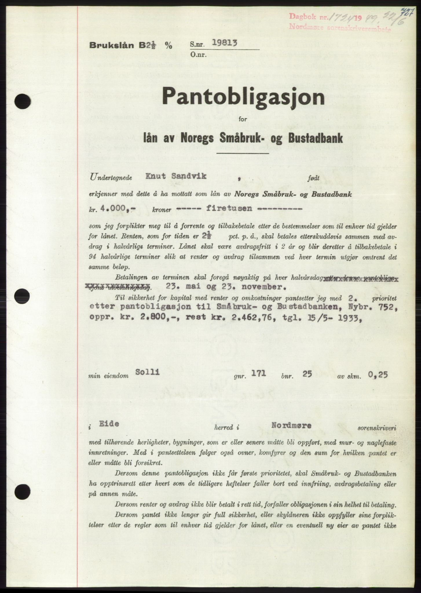Nordmøre sorenskriveri, SAT/A-4132/1/2/2Ca: Mortgage book no. B101, 1949-1949, Diary no: : 1724/1949