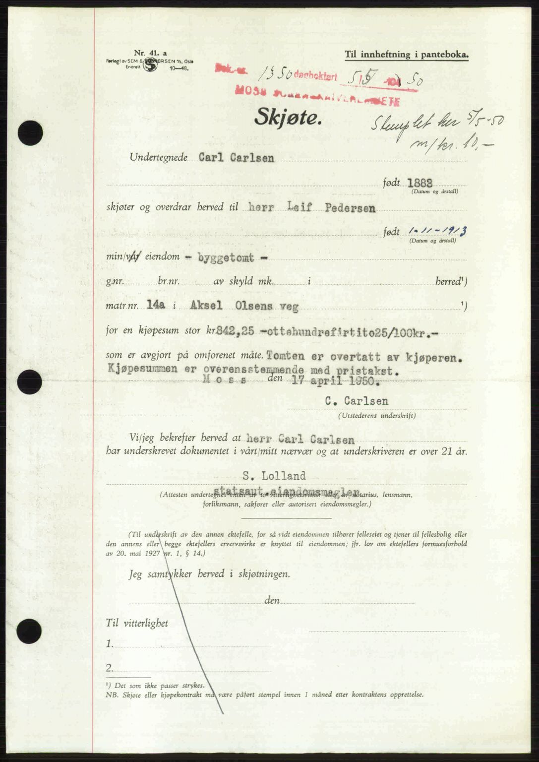 Moss sorenskriveri, AV/SAO-A-10168: Mortgage book no. A26, 1950-1950, Diary no: : 1350/1950