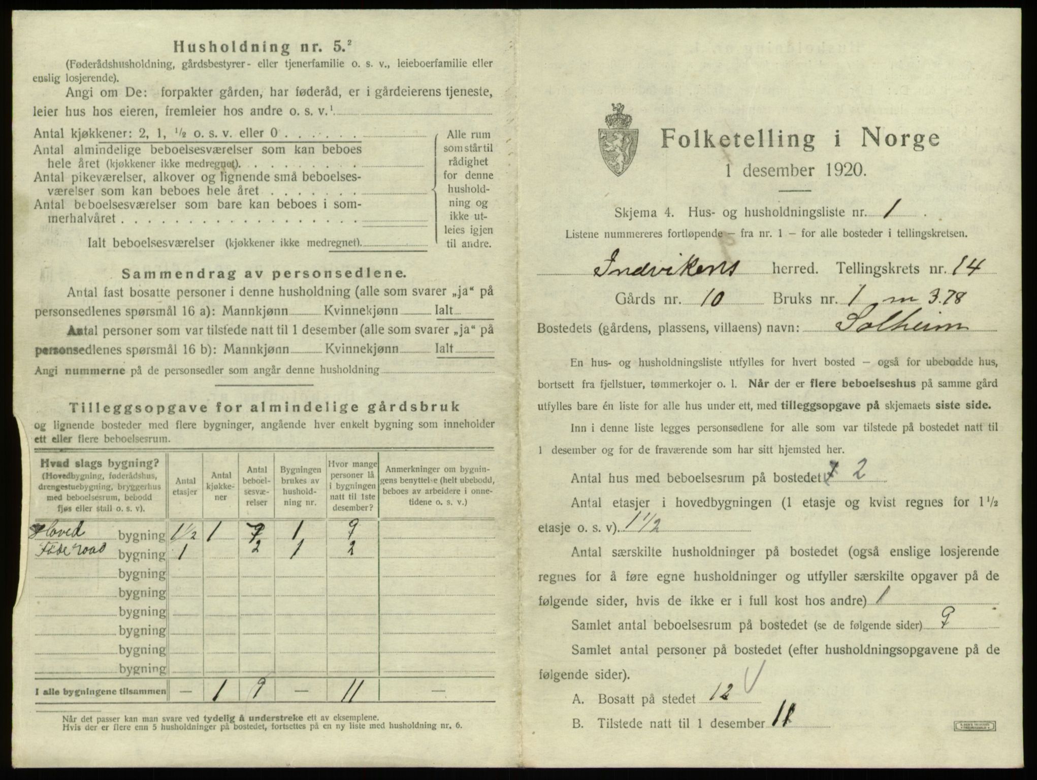 SAB, 1920 census for Innvik, 1920, p. 862