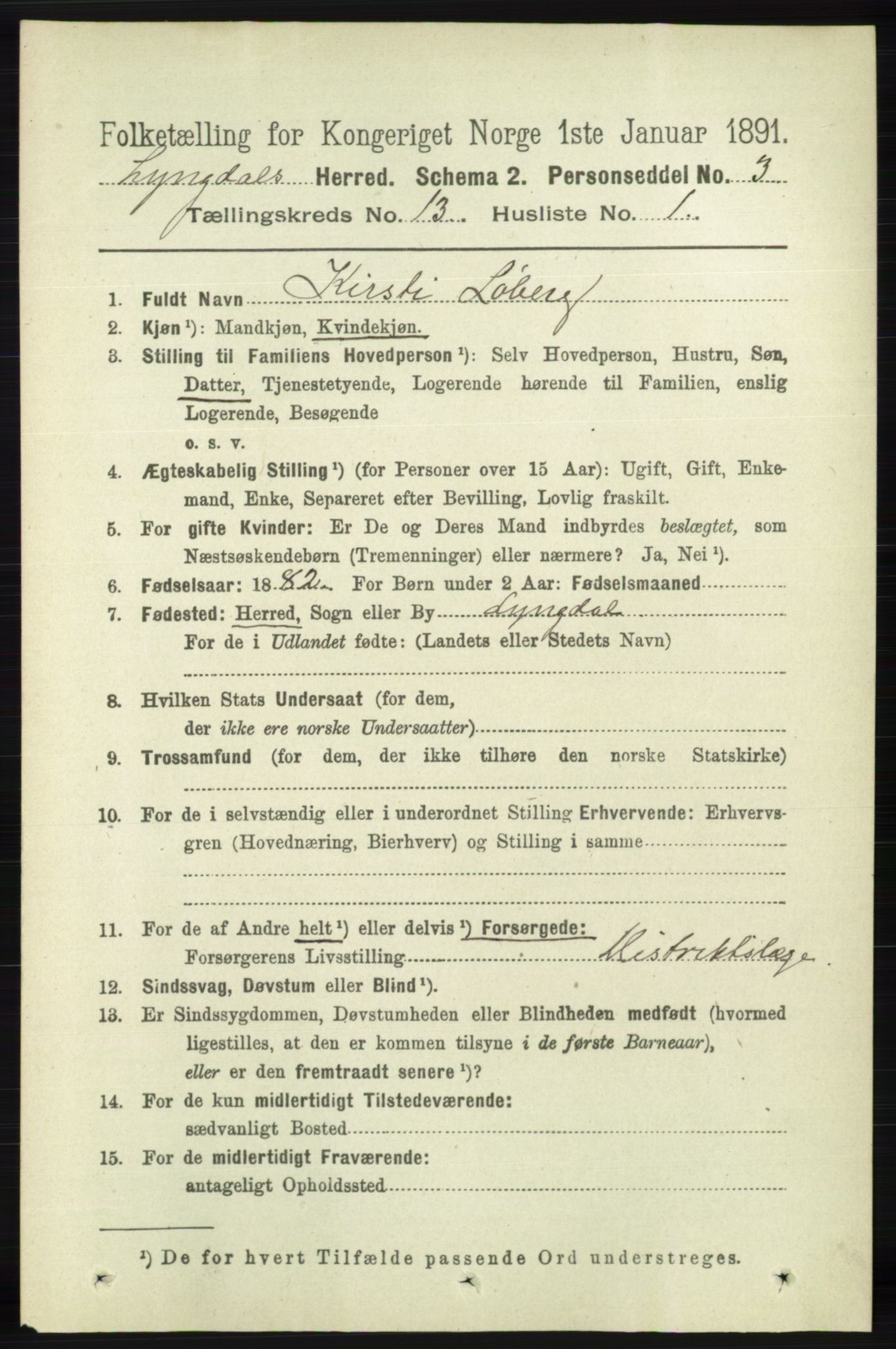 RA, 1891 census for 1032 Lyngdal, 1891, p. 5604