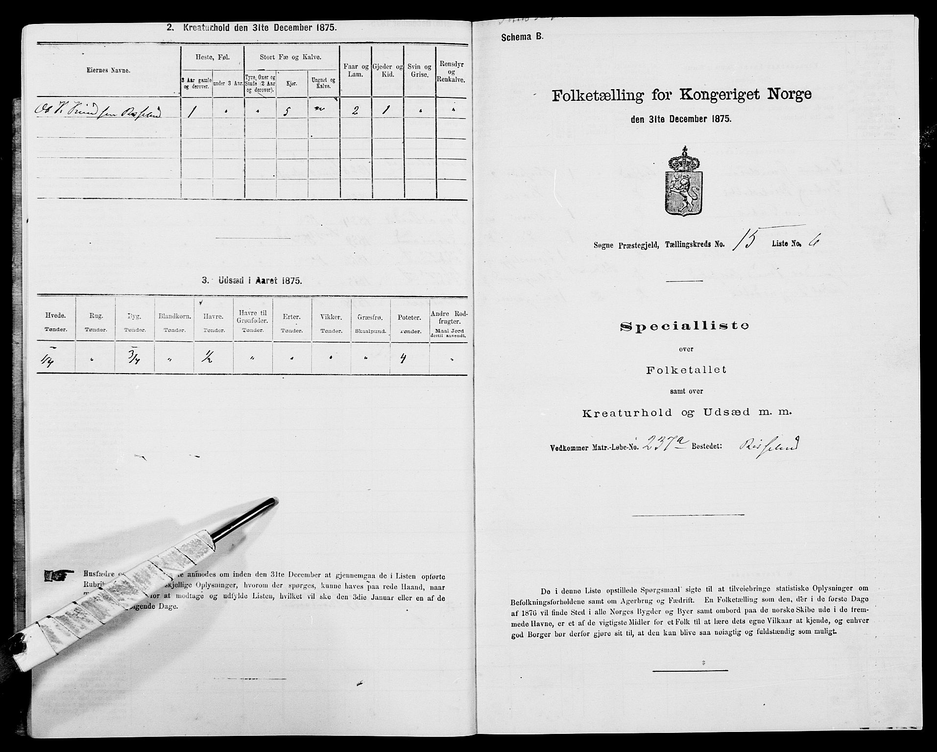 SAK, 1875 census for 1018P Søgne, 1875, p. 1125