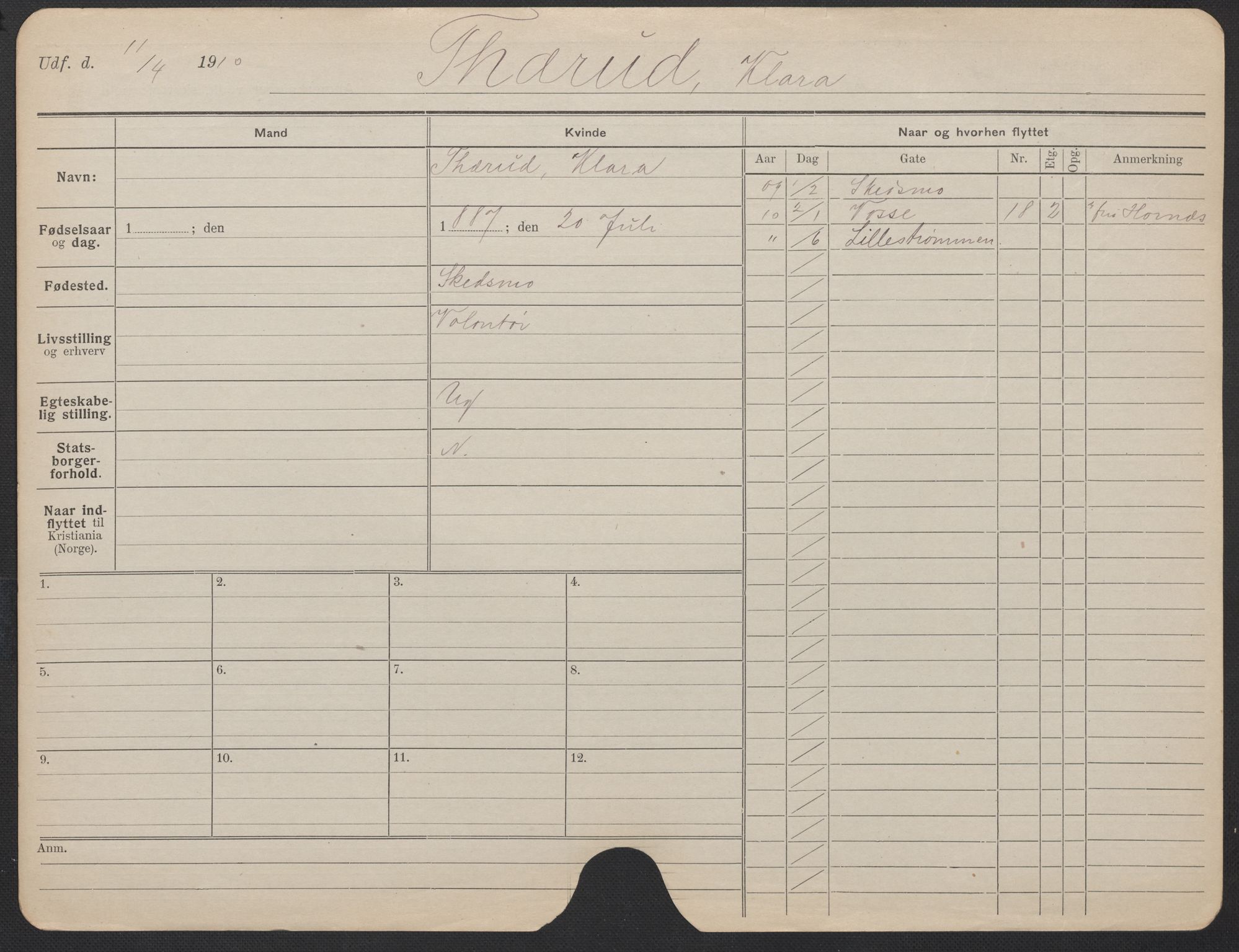 Oslo folkeregister, Registerkort, AV/SAO-A-11715/F/Fa/Fac/L0024: Kvinner, 1906-1914, p. 1078a