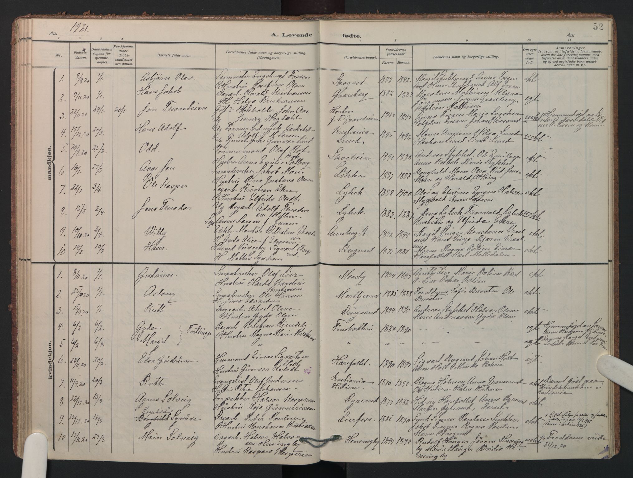 Aurskog prestekontor Kirkebøker, SAO/A-10304a/F/Fa/L0014: Parish register (official) no. I 14, 1911-1926, p. 52