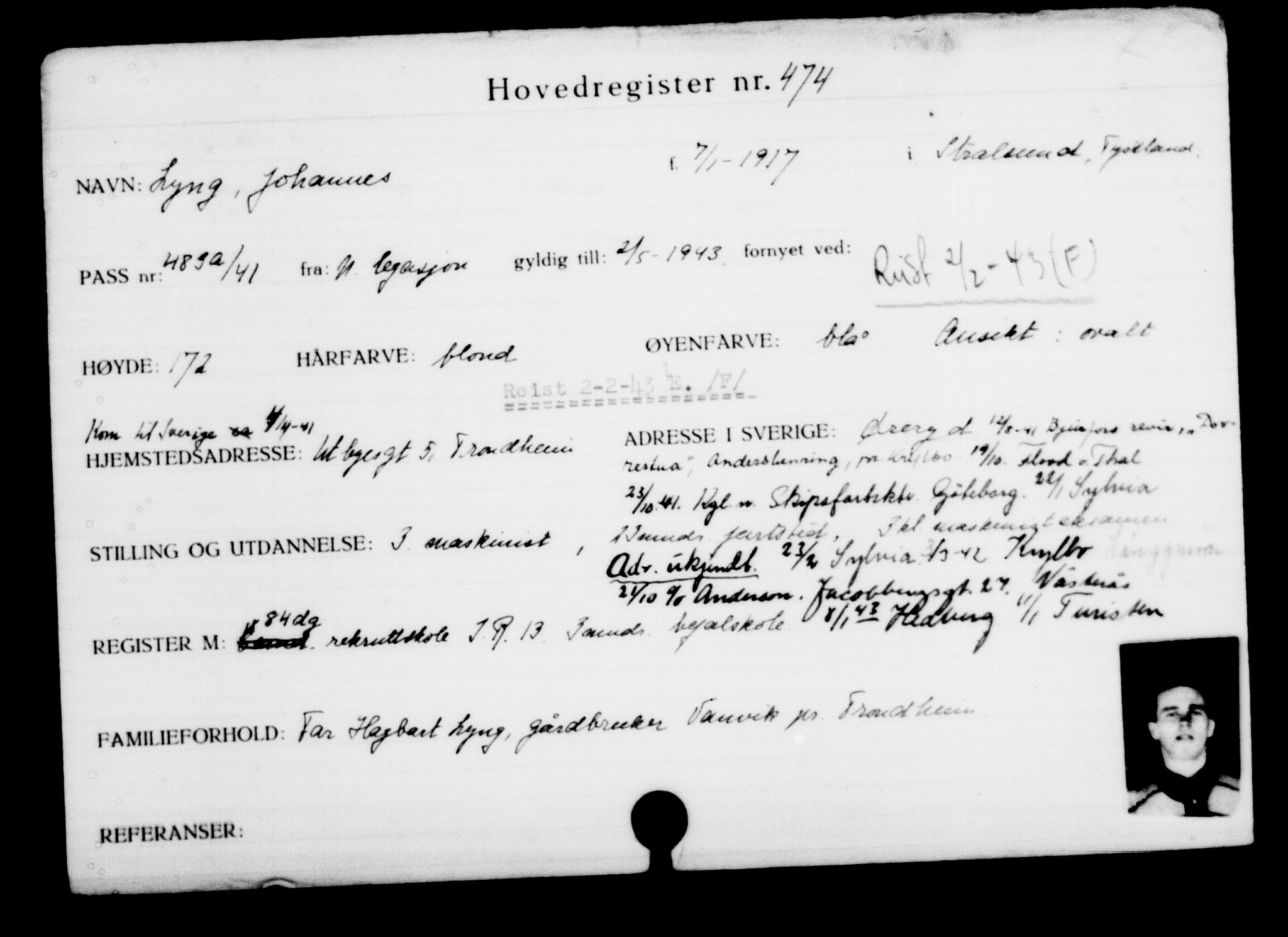 Utenriksstasjonene, Legasjonen i Stockholm, Flyktningkontoret, AV/RA-S-6753/V/Va/L0001: Kjesäterkartoteket, flyktninger med registreringsnr. 1-1000, 1940-1945, p. 735