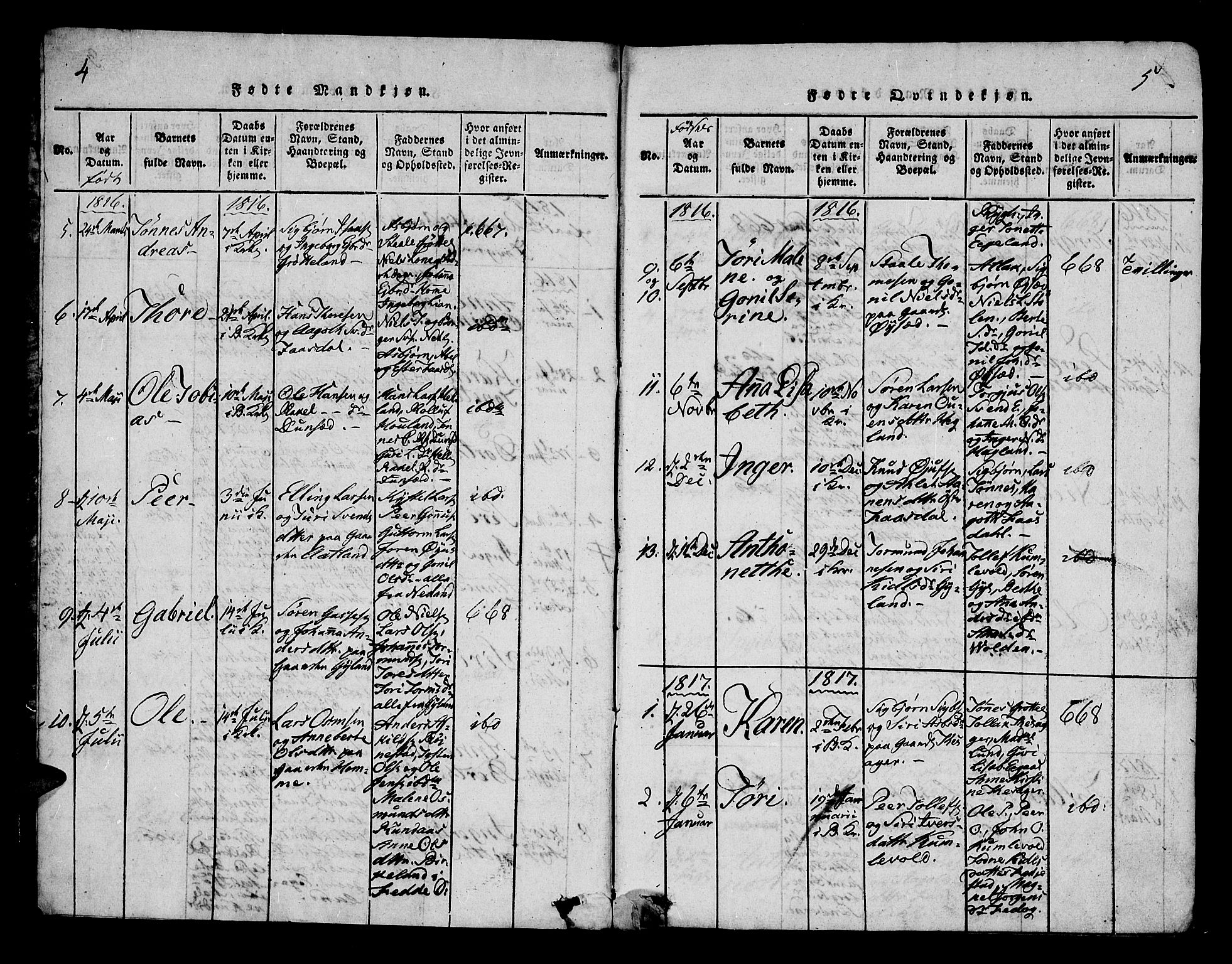 Bakke sokneprestkontor, SAK/1111-0002/F/Fa/Fab/L0001: Parish register (official) no. A 1, 1815-1835, p. 4-5