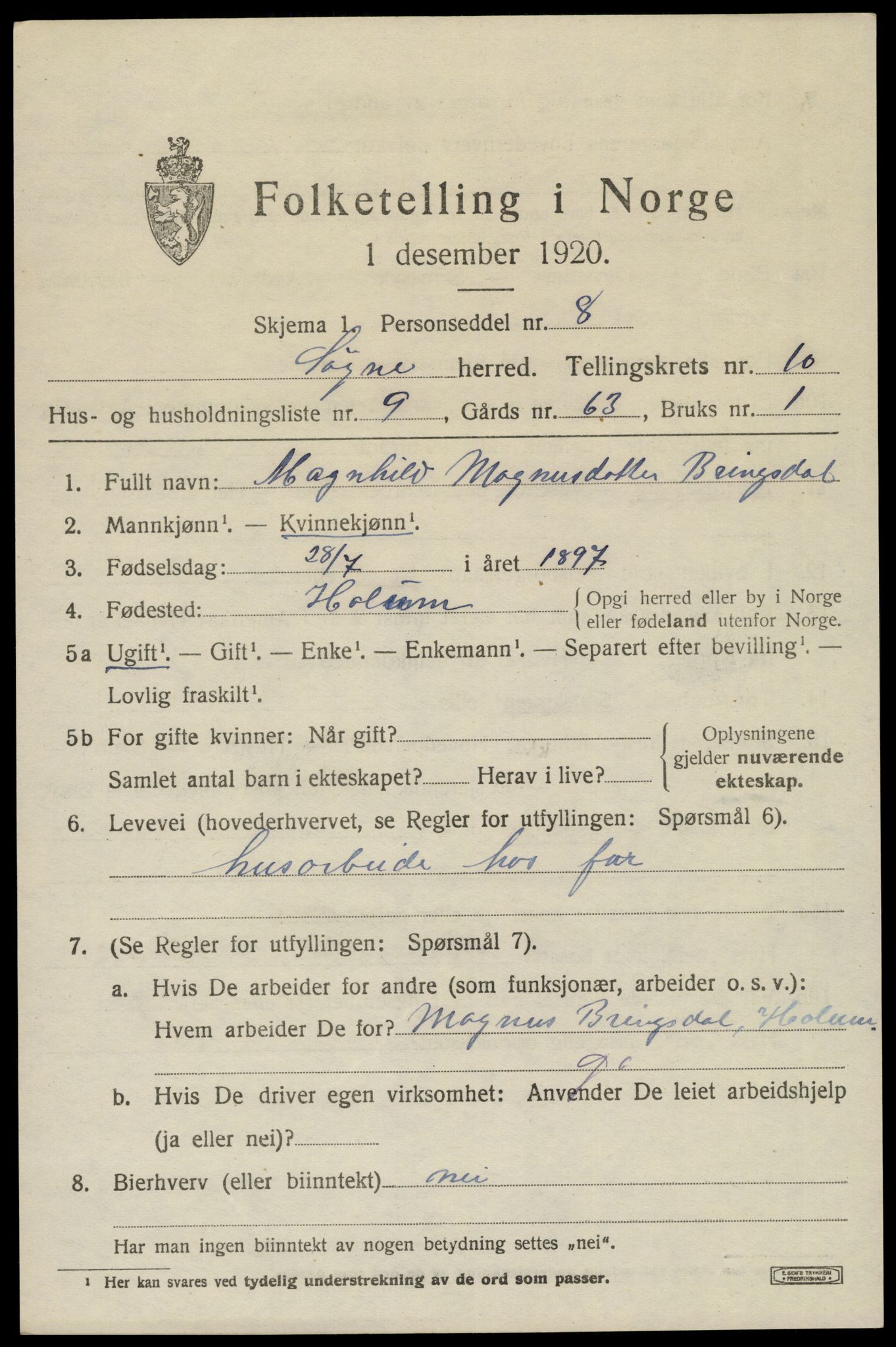 SAK, 1920 census for Søgne, 1920, p. 5505