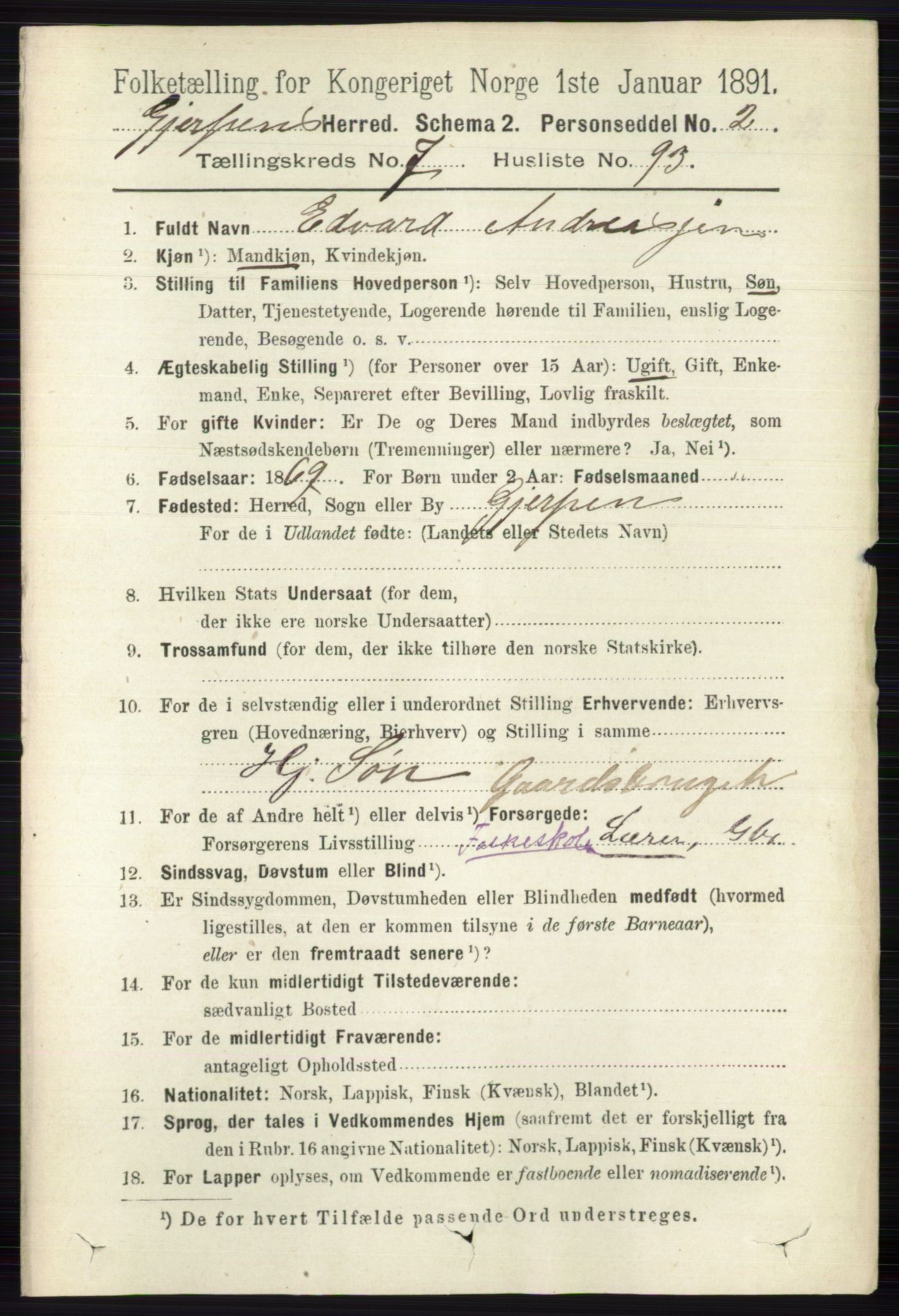 RA, 1891 census for 0812 Gjerpen, 1891, p. 3886