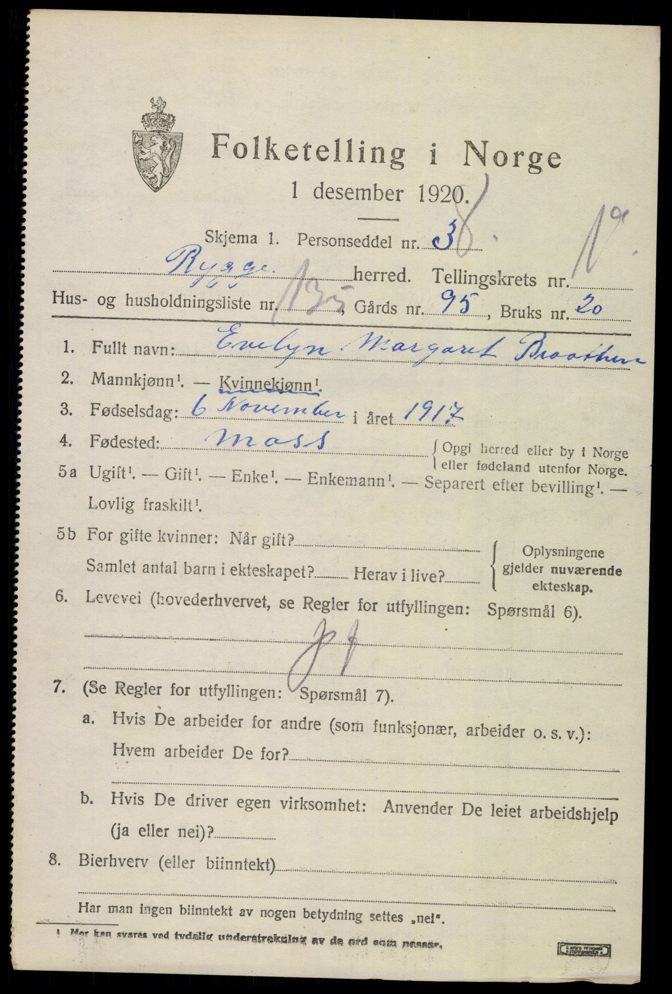 SAO, 1920 census for Rygge, 1920, p. 6029