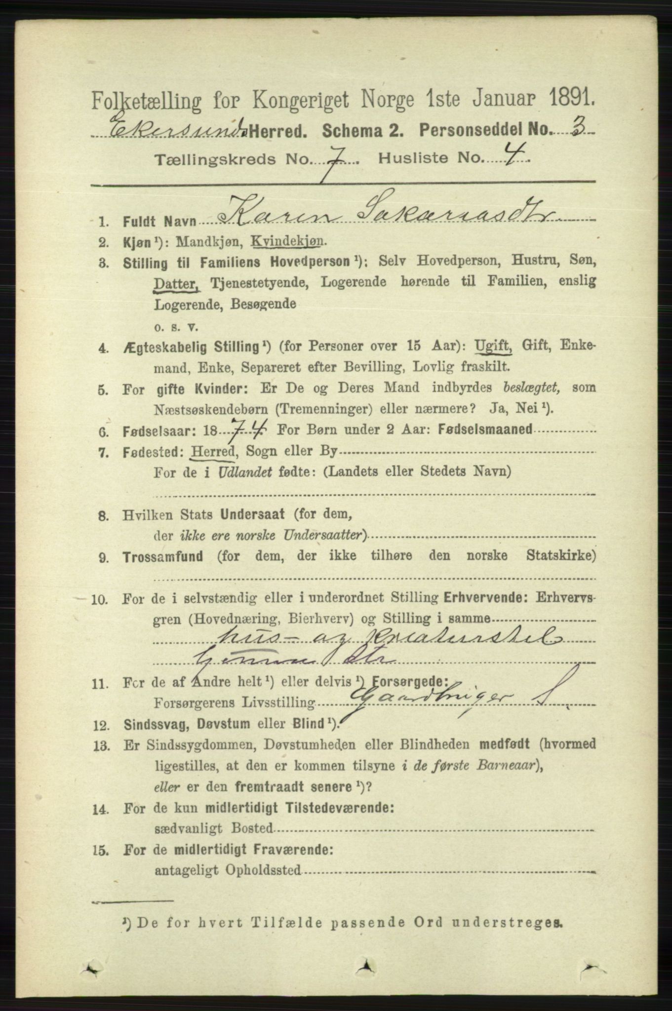 RA, 1891 census for 1116 Eigersund herred, 1891, p. 2847